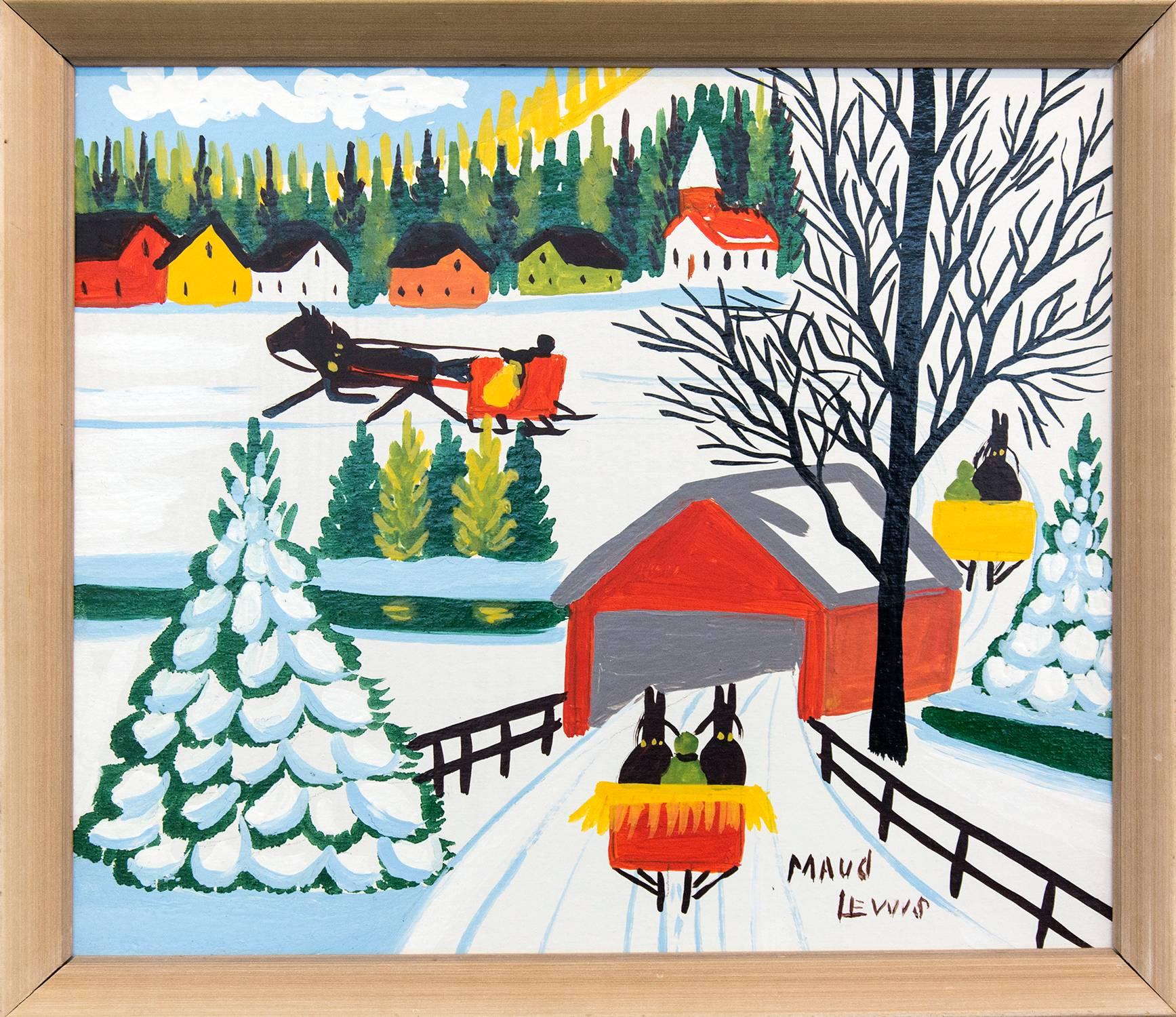 Maud Lewis Landscape Painting - Covered Bridge in Winter
