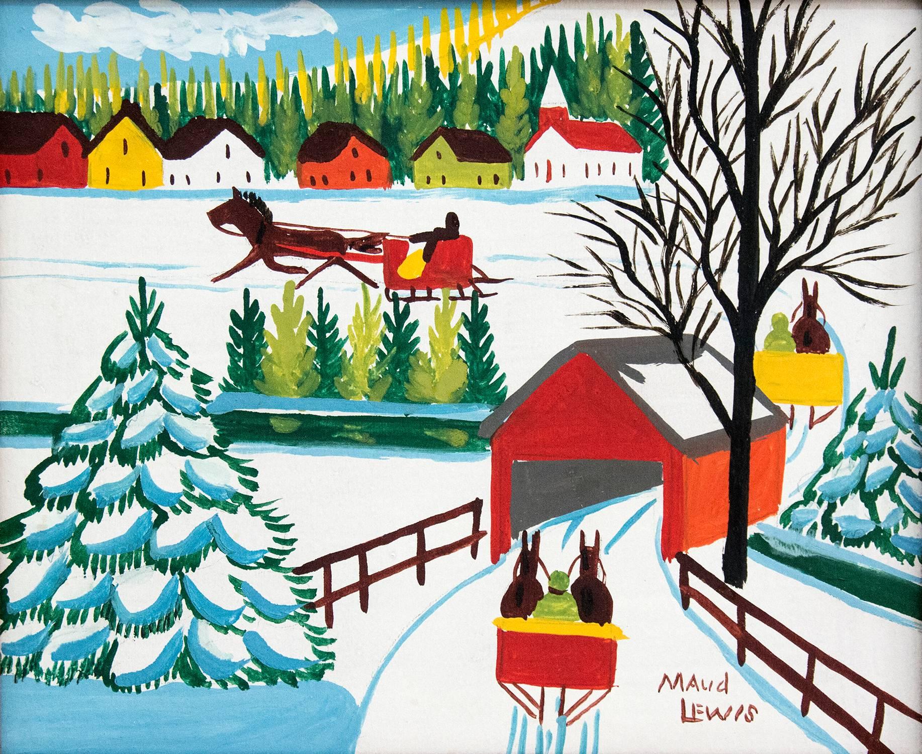 Covered Bridge in Winter with Cloud - Painting by Maud Lewis