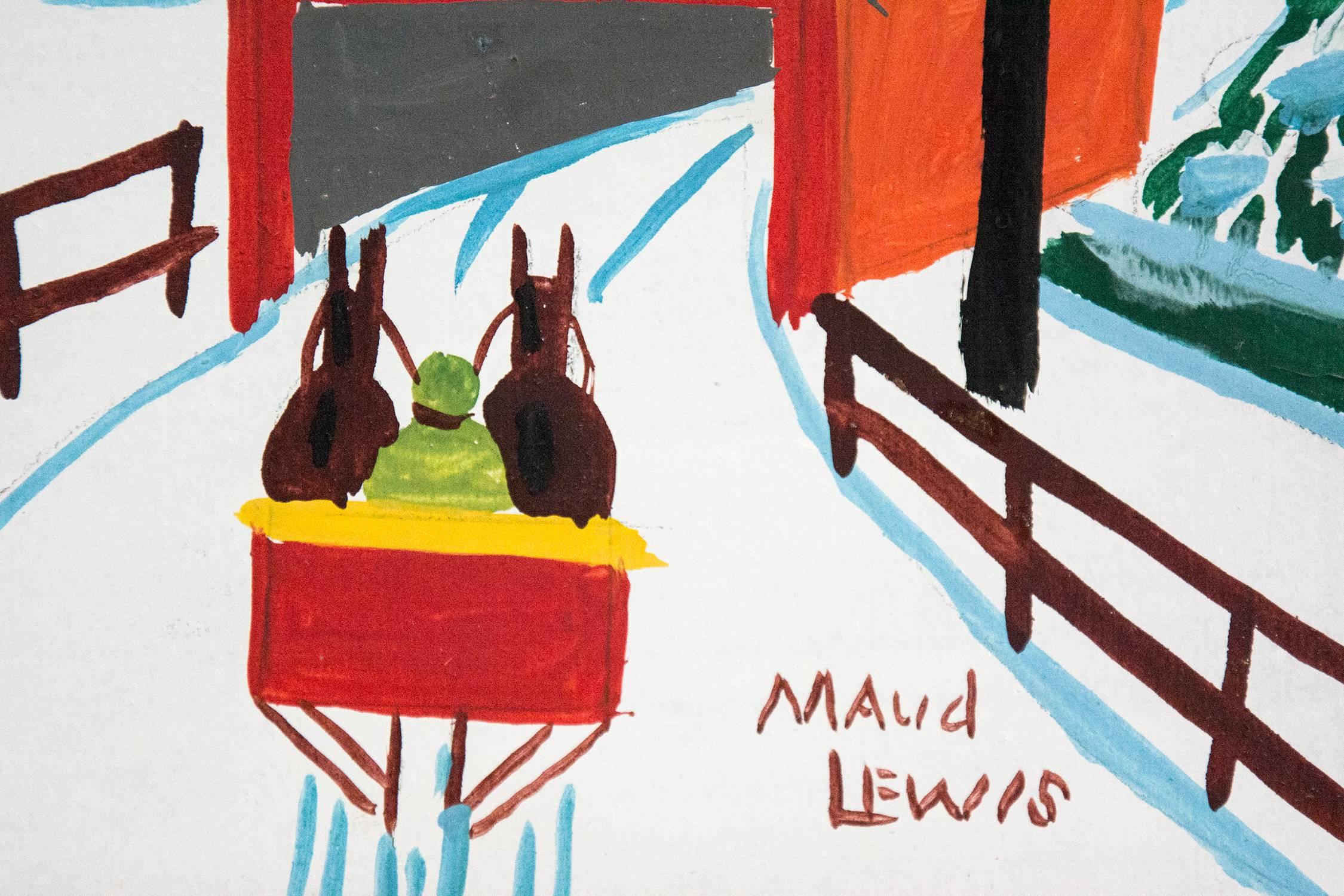 Covered Bridge in Winter with Cloud - Beige Landscape Painting by Maud Lewis