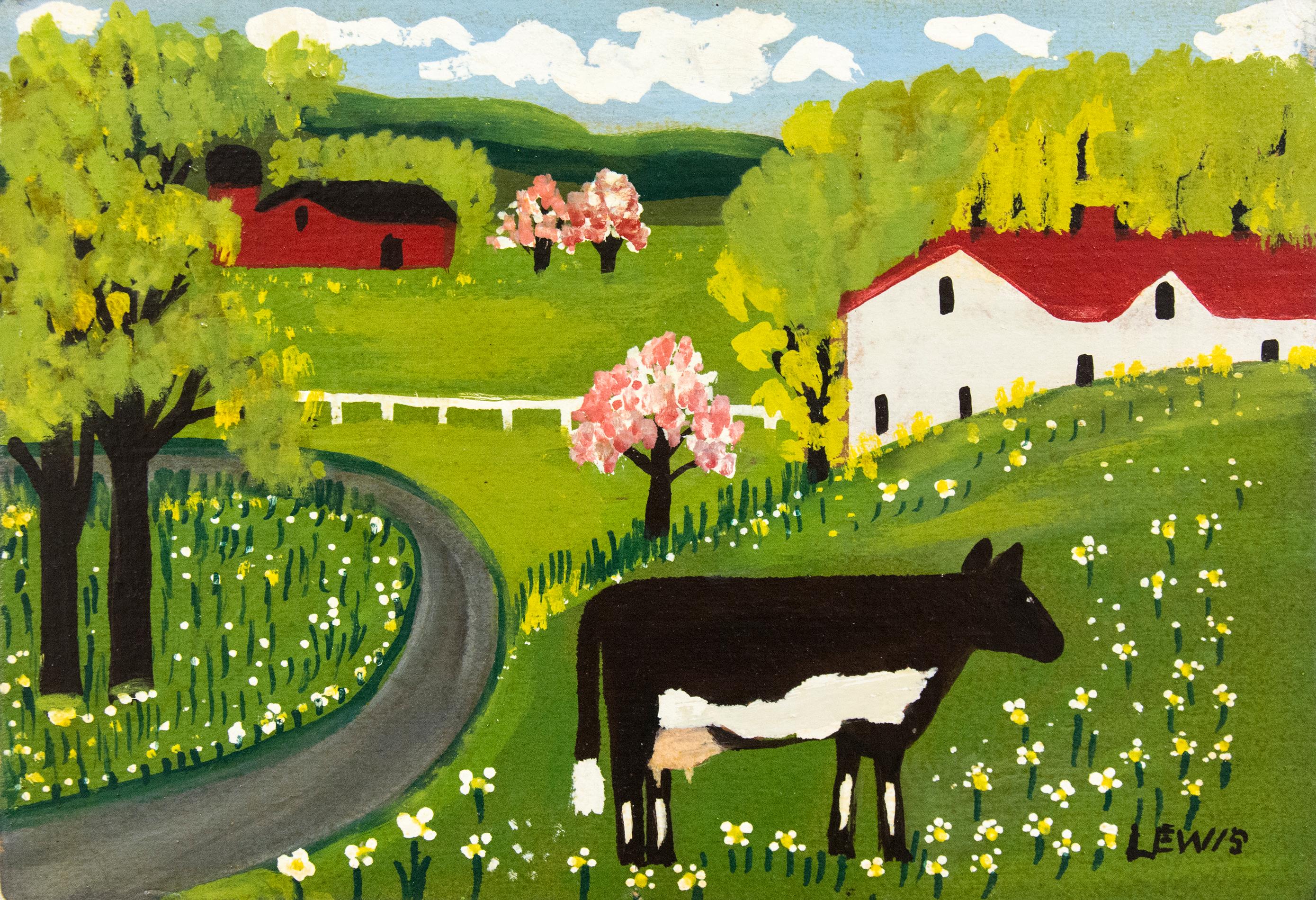 Maud Lewis Landscape Painting – Kuh im Frühling