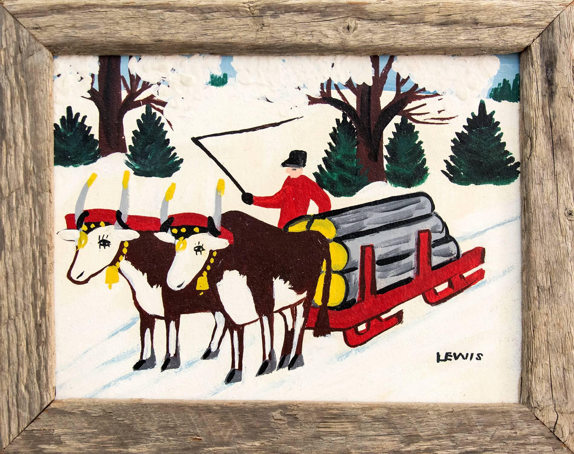Maud Lewis Landscape Painting - Early Oxen Hauling Logs