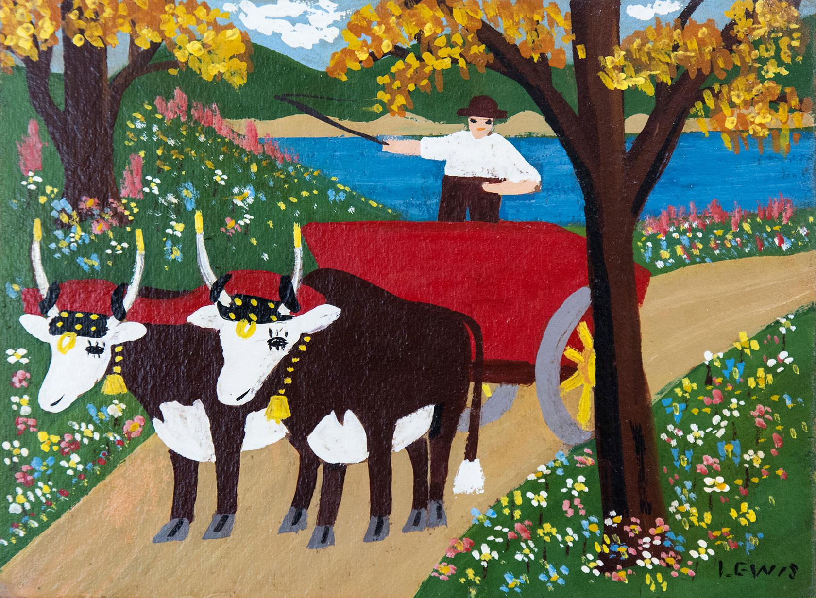Maud Lewis Animal Painting - Oxen in Spring