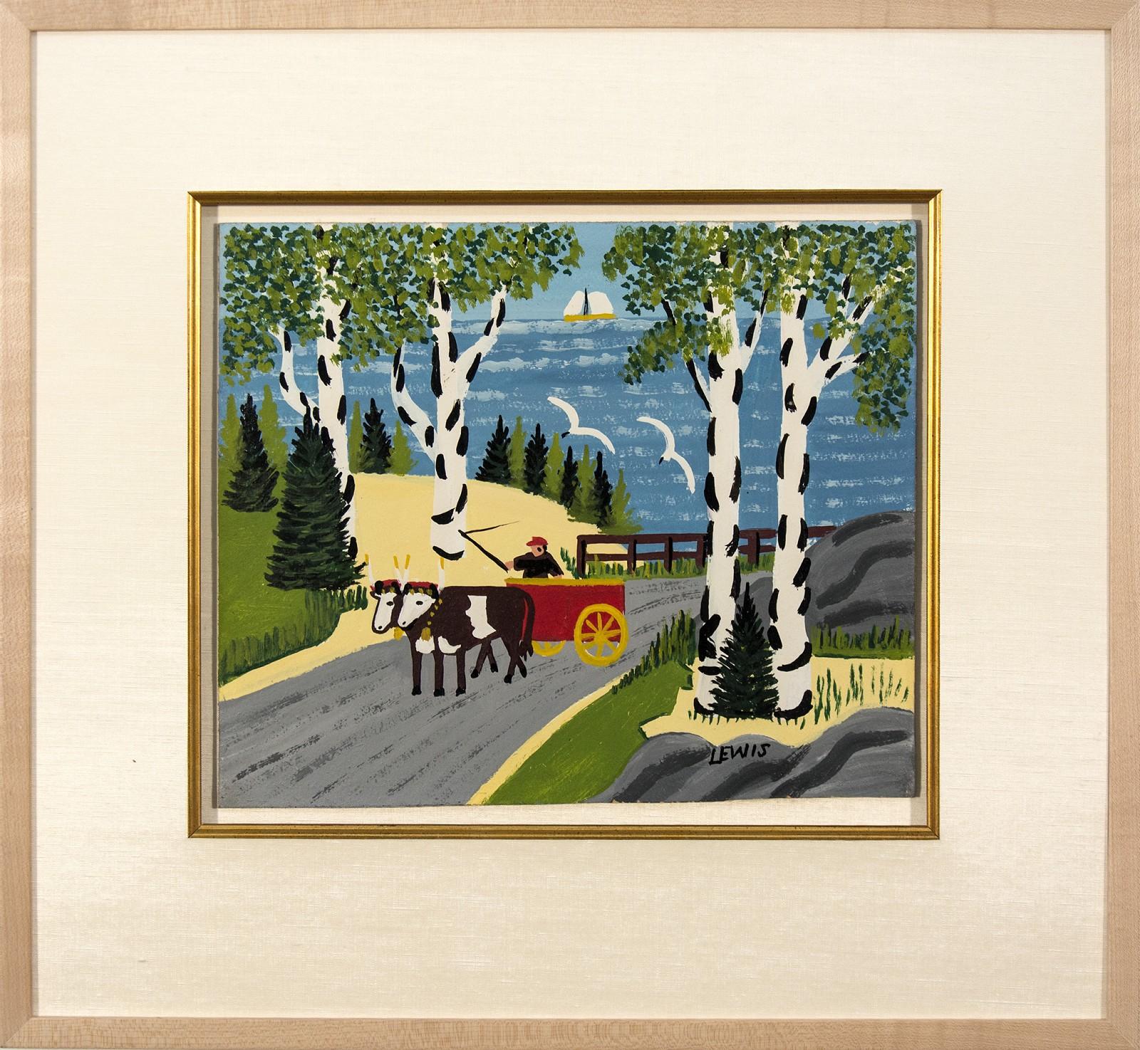 Maud Lewis Landscape Painting - Oxen Pulling Cart - Bright and colourful outsider art