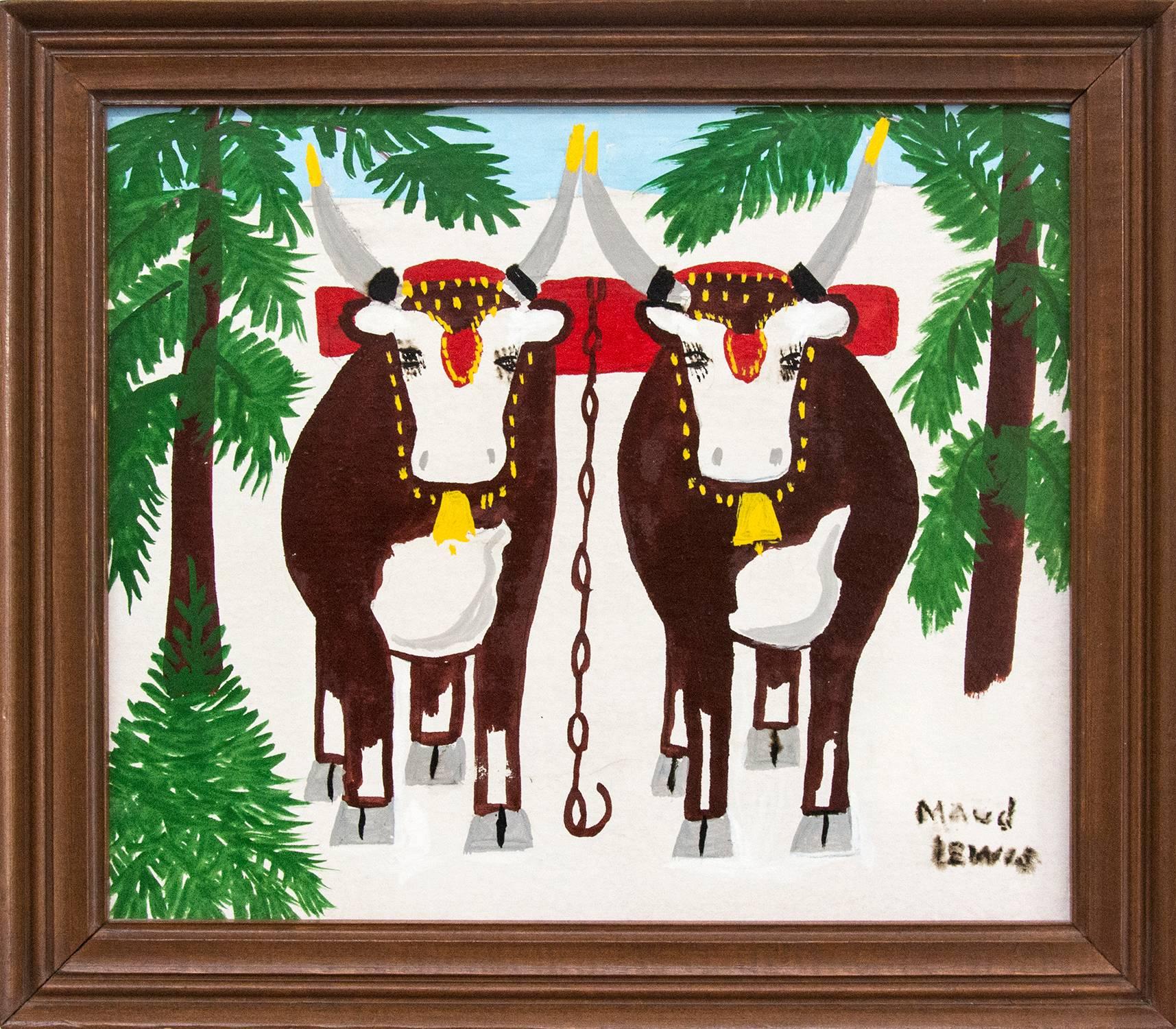 Pair of Oxen With Tree in Foreground - Painting by Maud Lewis