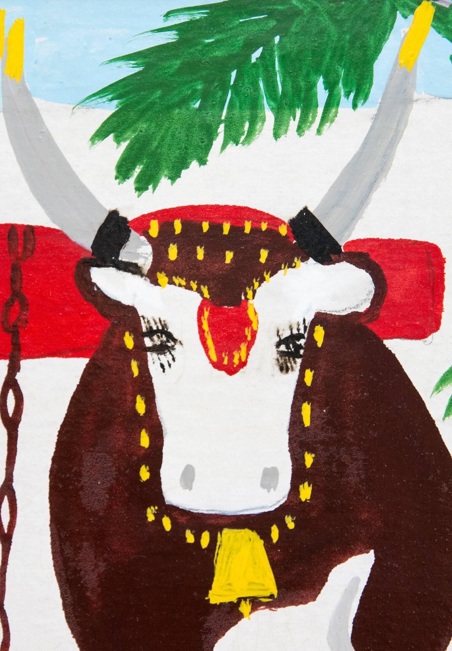 Pair of Oxen With Tree in Foreground - Folk Art Painting by Maud Lewis