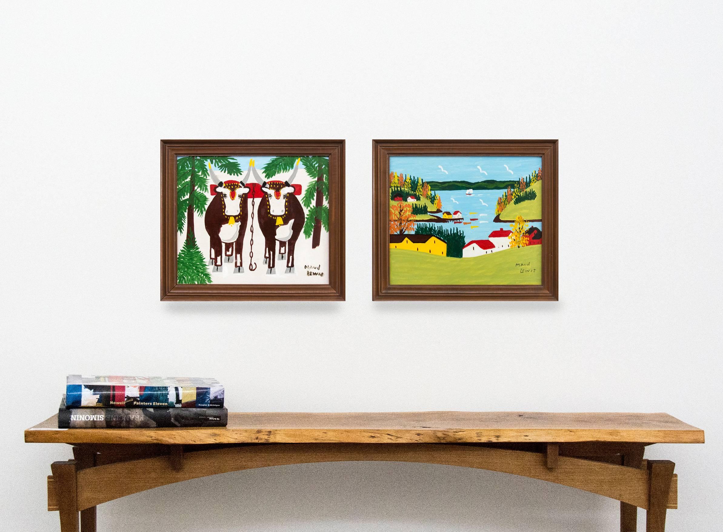 A pair of oxen festooned with bells and chains are yoked together in this charming oil on board by renowned folk artist Maud Lewis. Framed by a snowy ground and bright green pines, the oxen each have four hooves visible. This painting is signed,