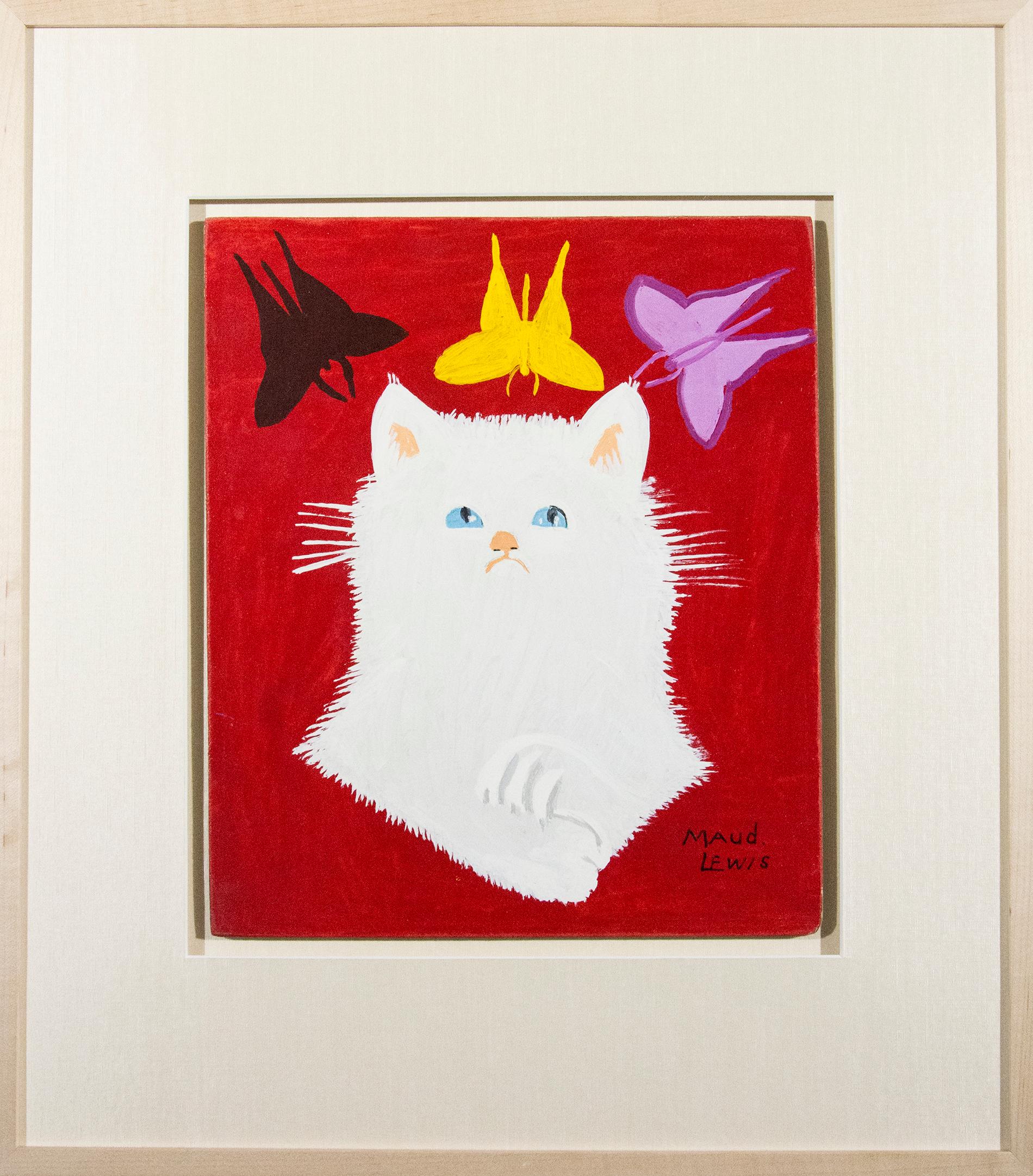 Portrait of White Cat & Framed Envelope - Painting by Maud Lewis