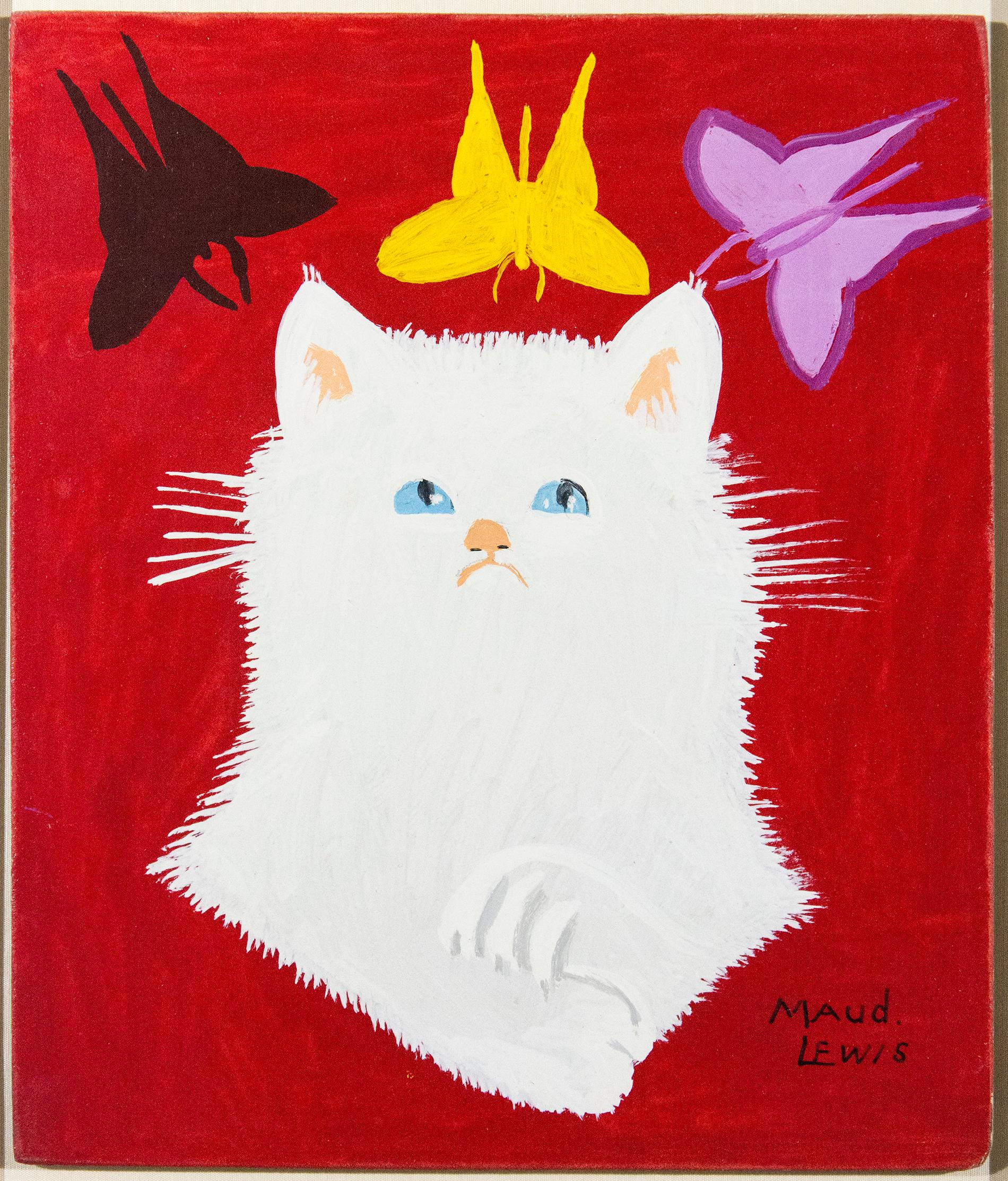 Maud Lewis Animal Painting - Portrait of White Cat & Framed Envelope