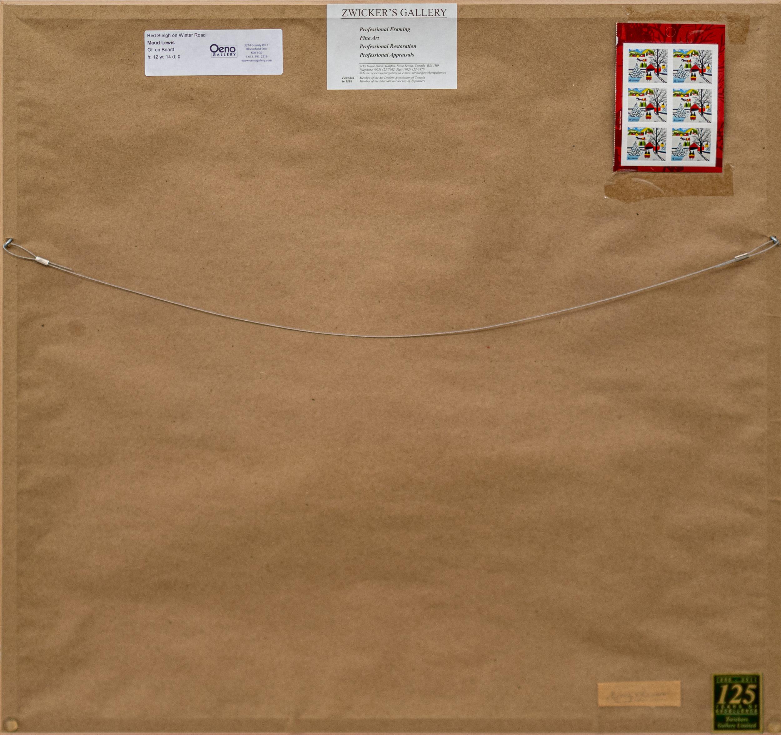 Roter Schlitten auf der Winterstraße - figurativ, Außenseiterkunst, Öl auf Biberpappe im Angebot 5