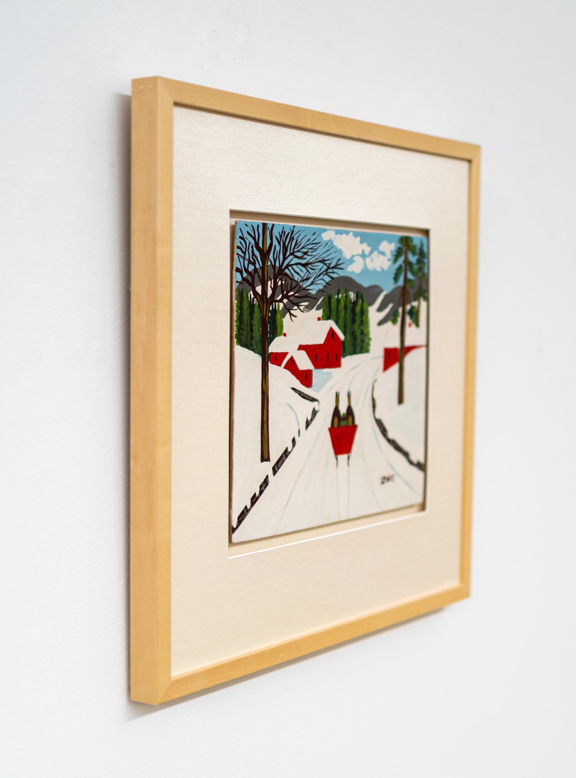 Roter Schlitten auf der Winterstraße - figurativ, Außenseiterkunst, Öl auf Biberpappe – Painting von Maud Lewis