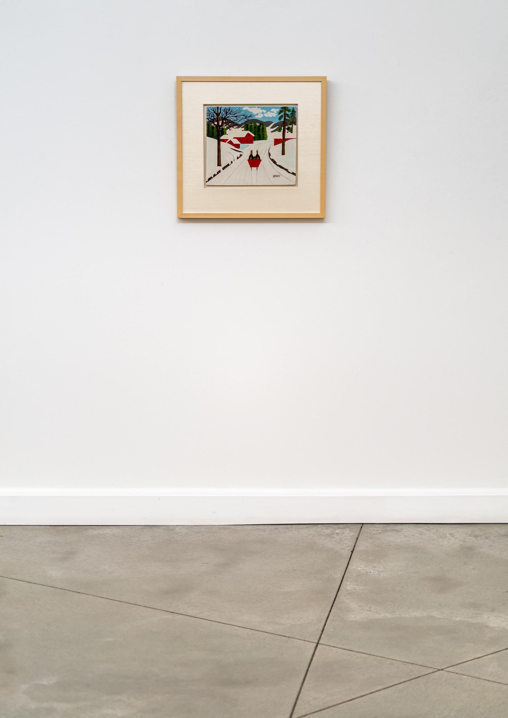 Roter Schlitten auf der Winterstraße - figurativ, Außenseiterkunst, Öl auf Biberpappe (Beige), Animal Painting, von Maud Lewis