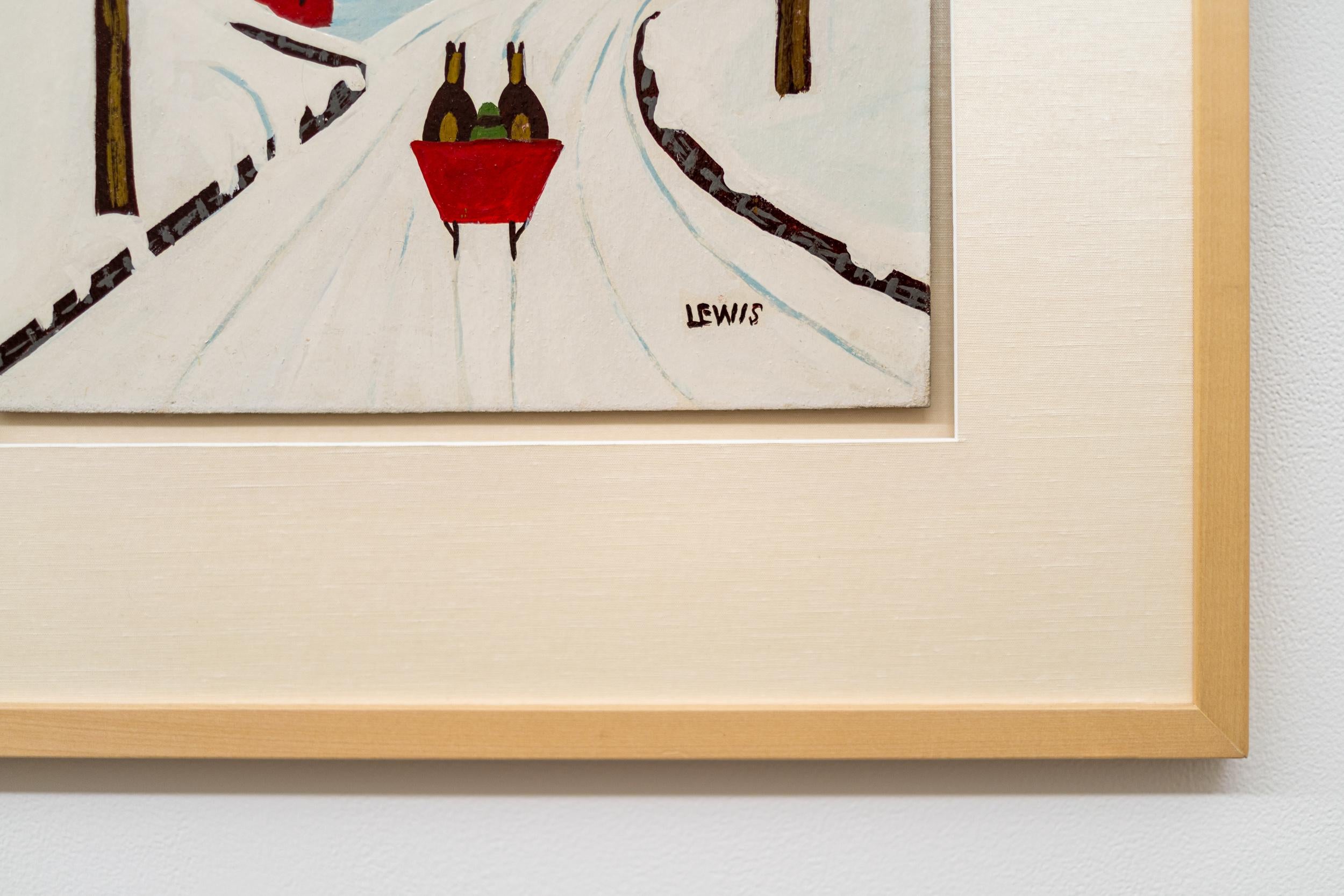 Dieses Volkskunstgemälde mit einem roten Schlitten im Winter stammt von Maud Lewis.

Maud Lewis ist vielleicht die bekannteste und beliebteste Volkskünstlerin Kanadas; in der Tat hat ihr Werk ein großes internationales Publikum angezogen.
Die