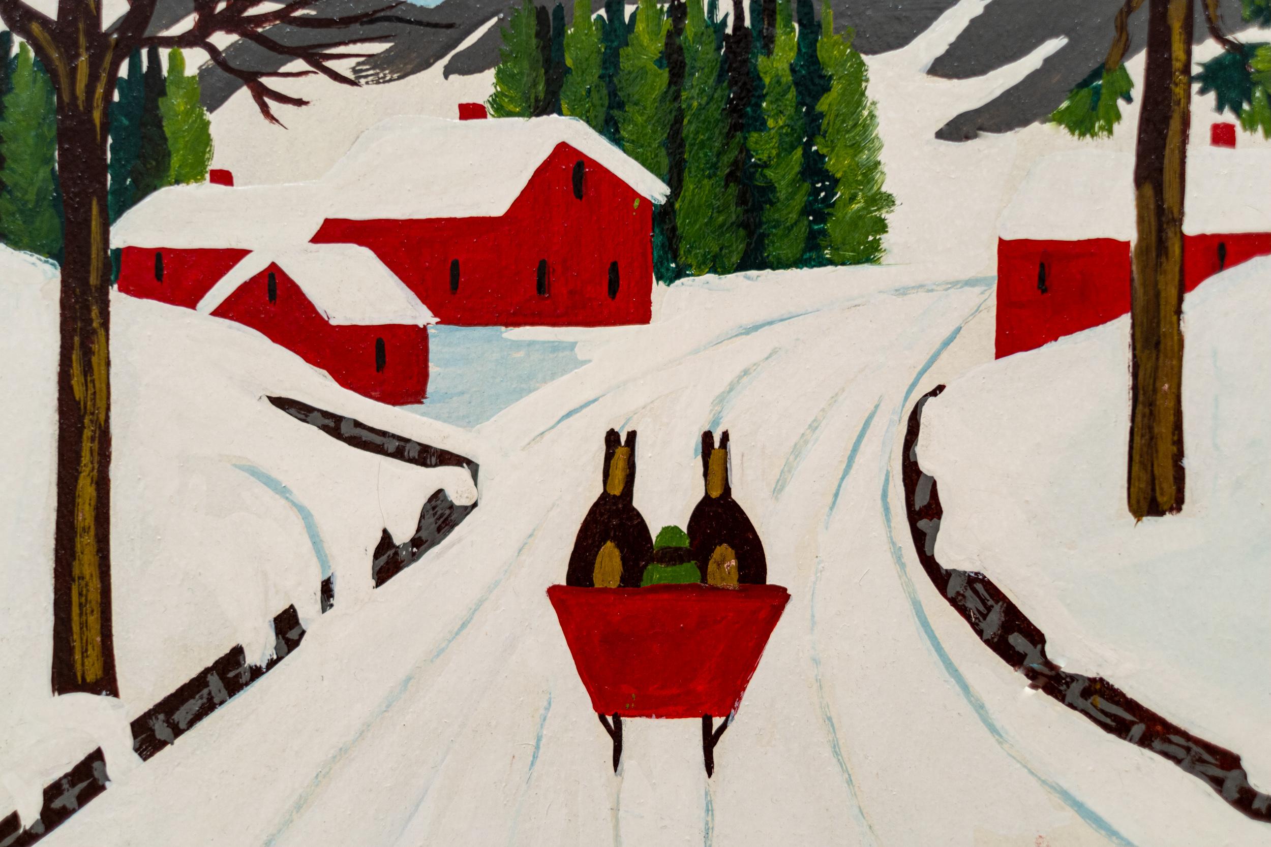 Roter Schlitten auf der Winterstraße - figurativ, Außenseiterkunst, Öl auf Biberpappe im Angebot 1