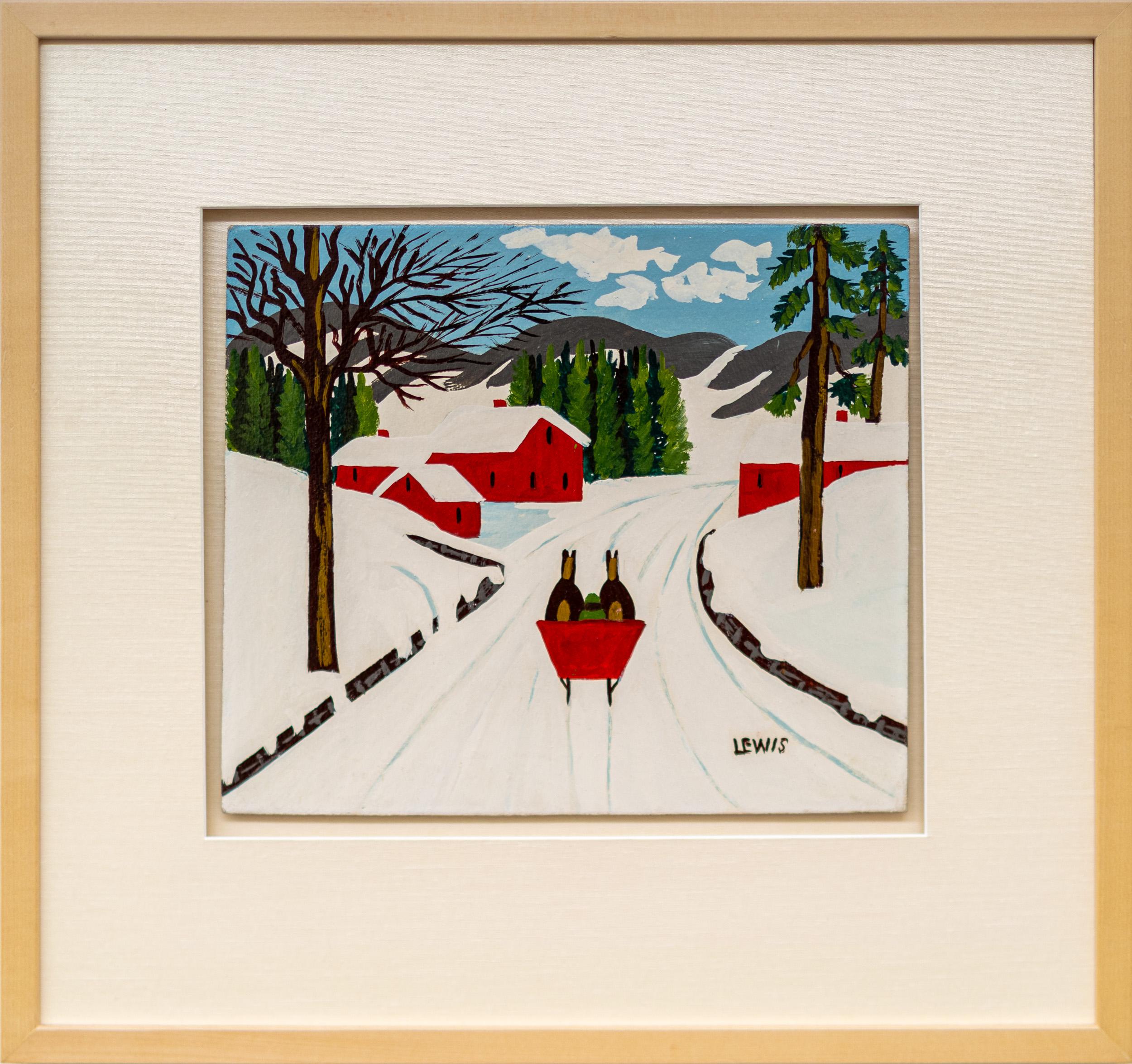 Maud Lewis Animal Painting – Roter Schlitten auf der Winterstraße - figurativ, Außenseiterkunst, Öl auf Biberpappe