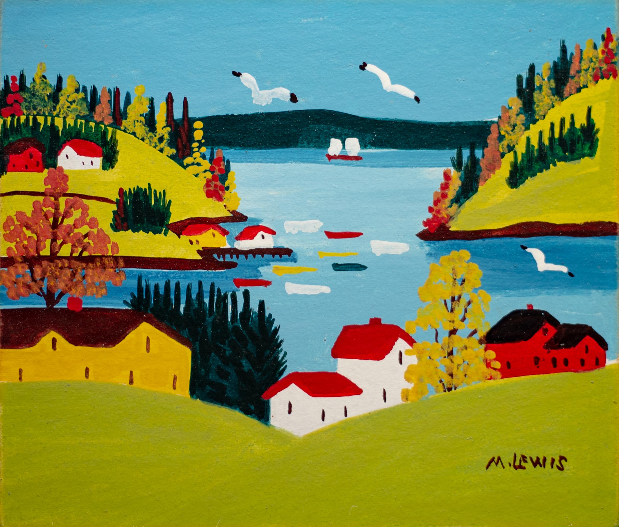 Sandy Cove with Eight Boats - Painting by Maud Lewis