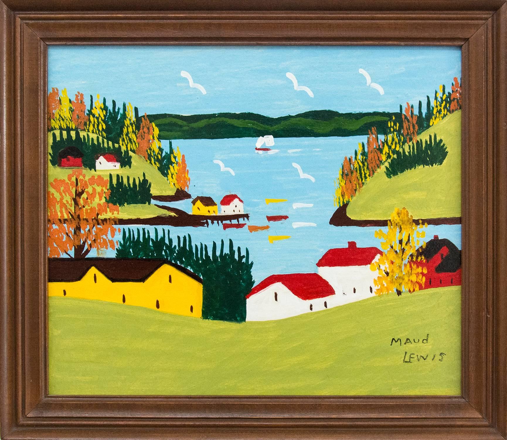 Sandy Cove with Fall Colors - Folk Art Painting by Maud Lewis