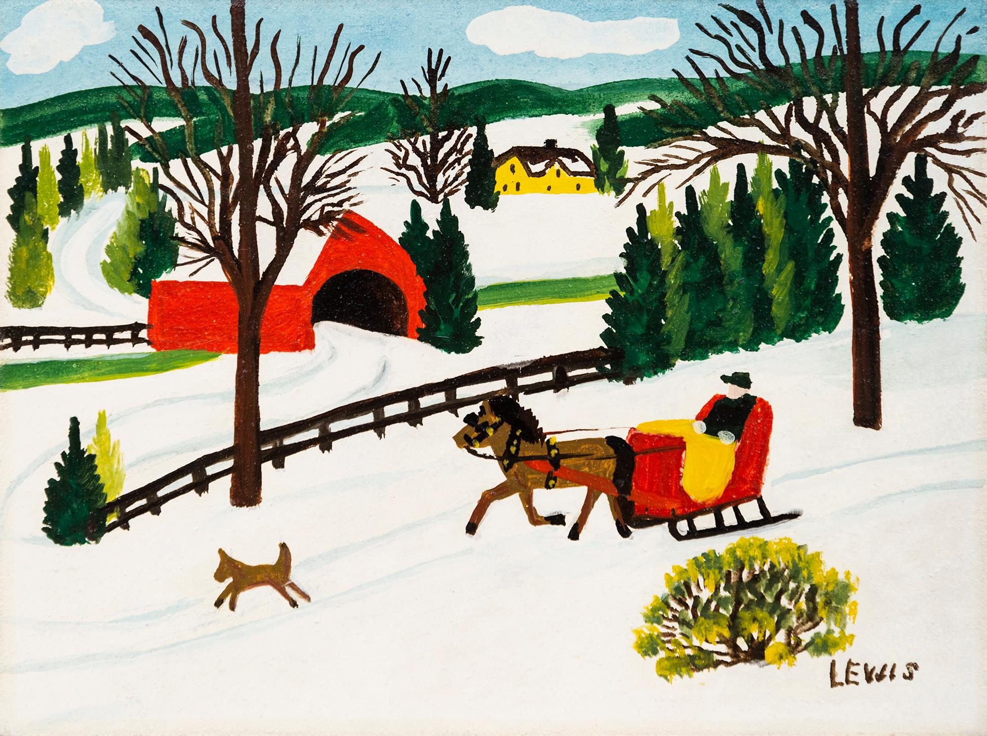 Schlitten im Winter mit Hund - figurativ, Außenseiterkunst, Öl auf Biberpappe – Painting von Maud Lewis