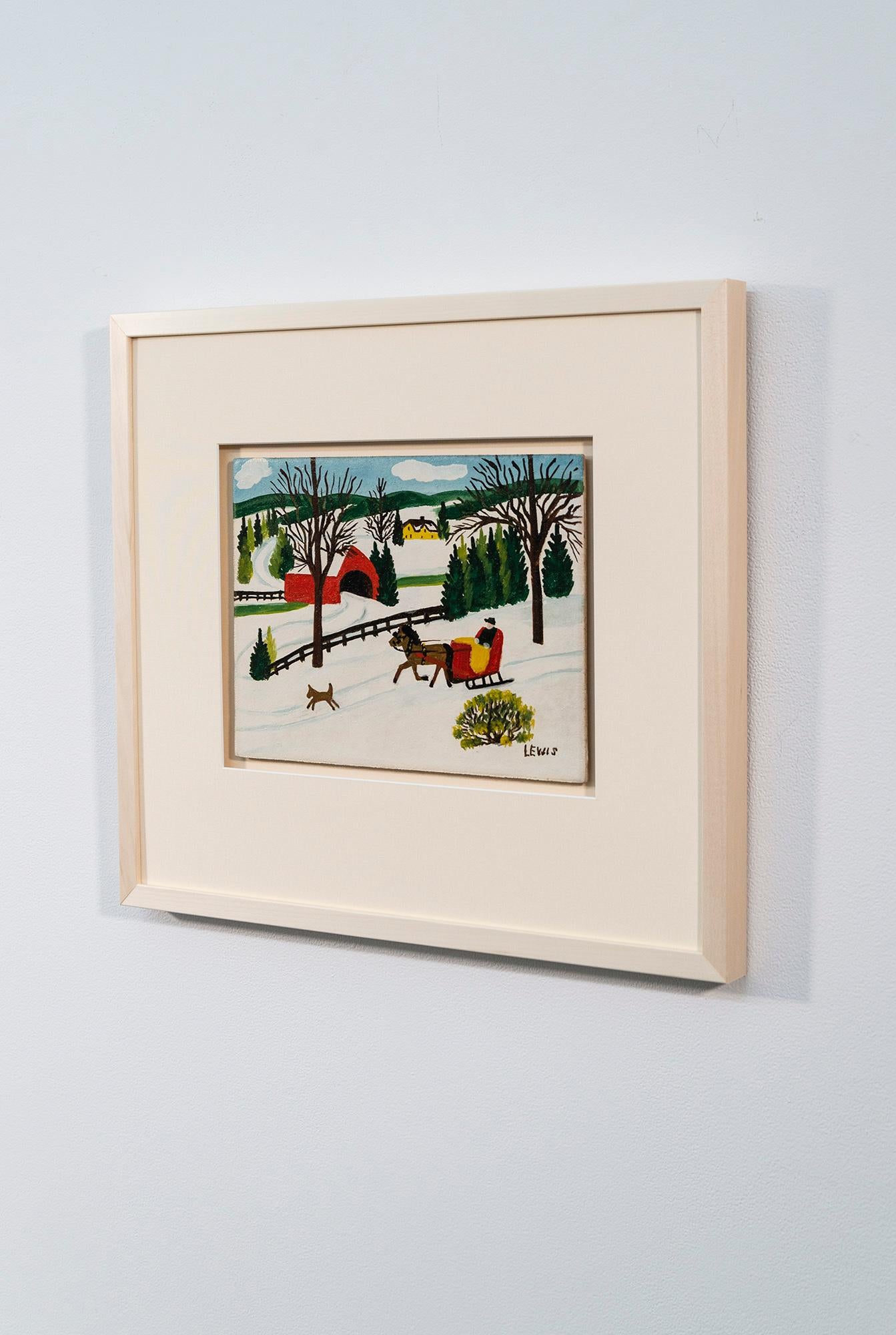 Schlitten im Winter mit Hund - figurativ, Außenseiterkunst, Öl auf Biberpappe (Volkskunst), Painting, von Maud Lewis