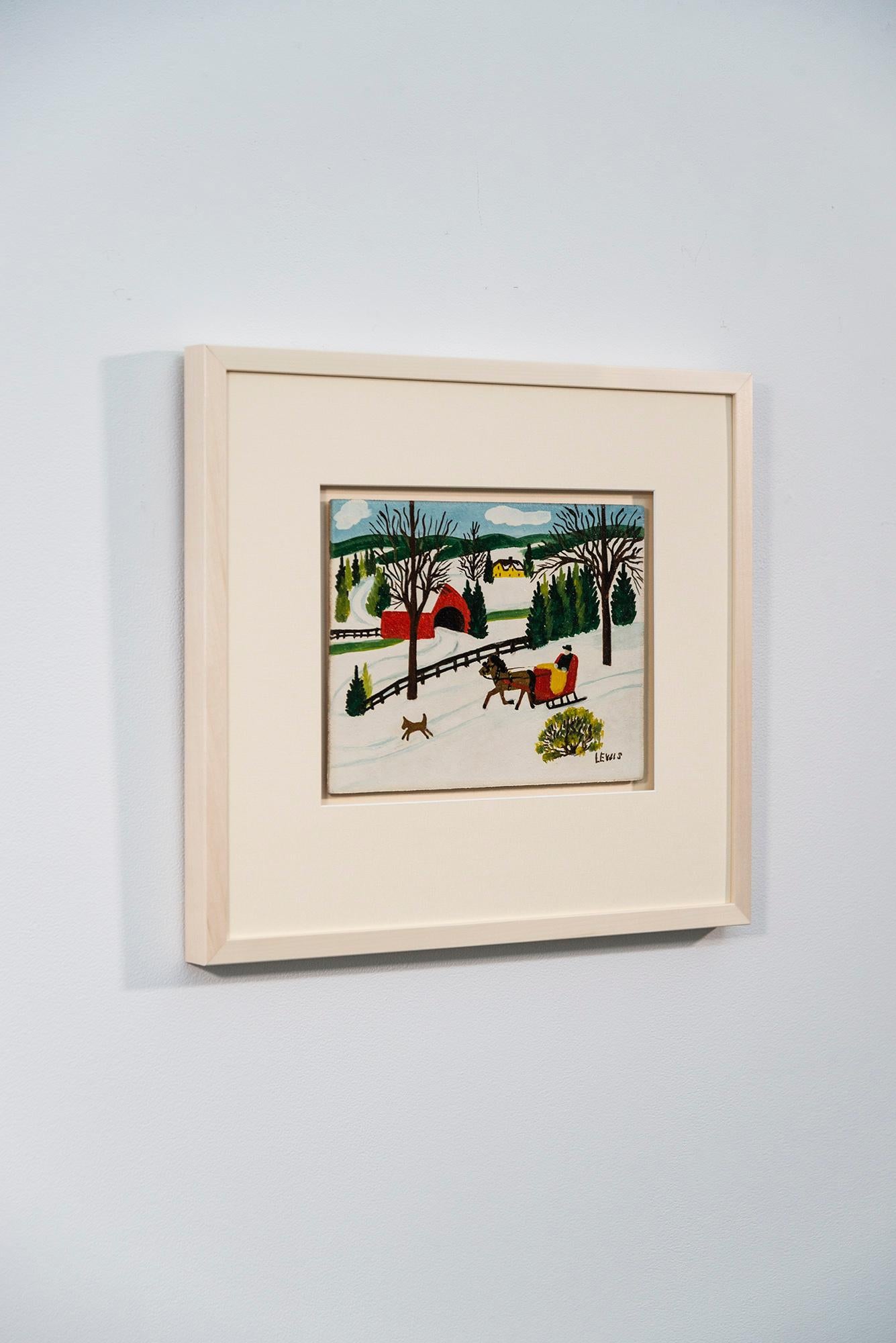 Schlitten im Winter mit Hund - figurativ, Außenseiterkunst, Öl auf Biberpappe (Beige), Animal Painting, von Maud Lewis