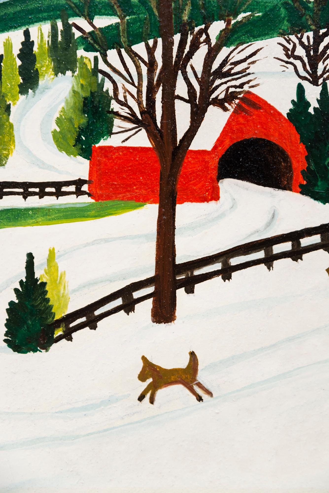 Schlitten im Winter mit Hund - figurativ, Außenseiterkunst, Öl auf Biberpappe im Angebot 2