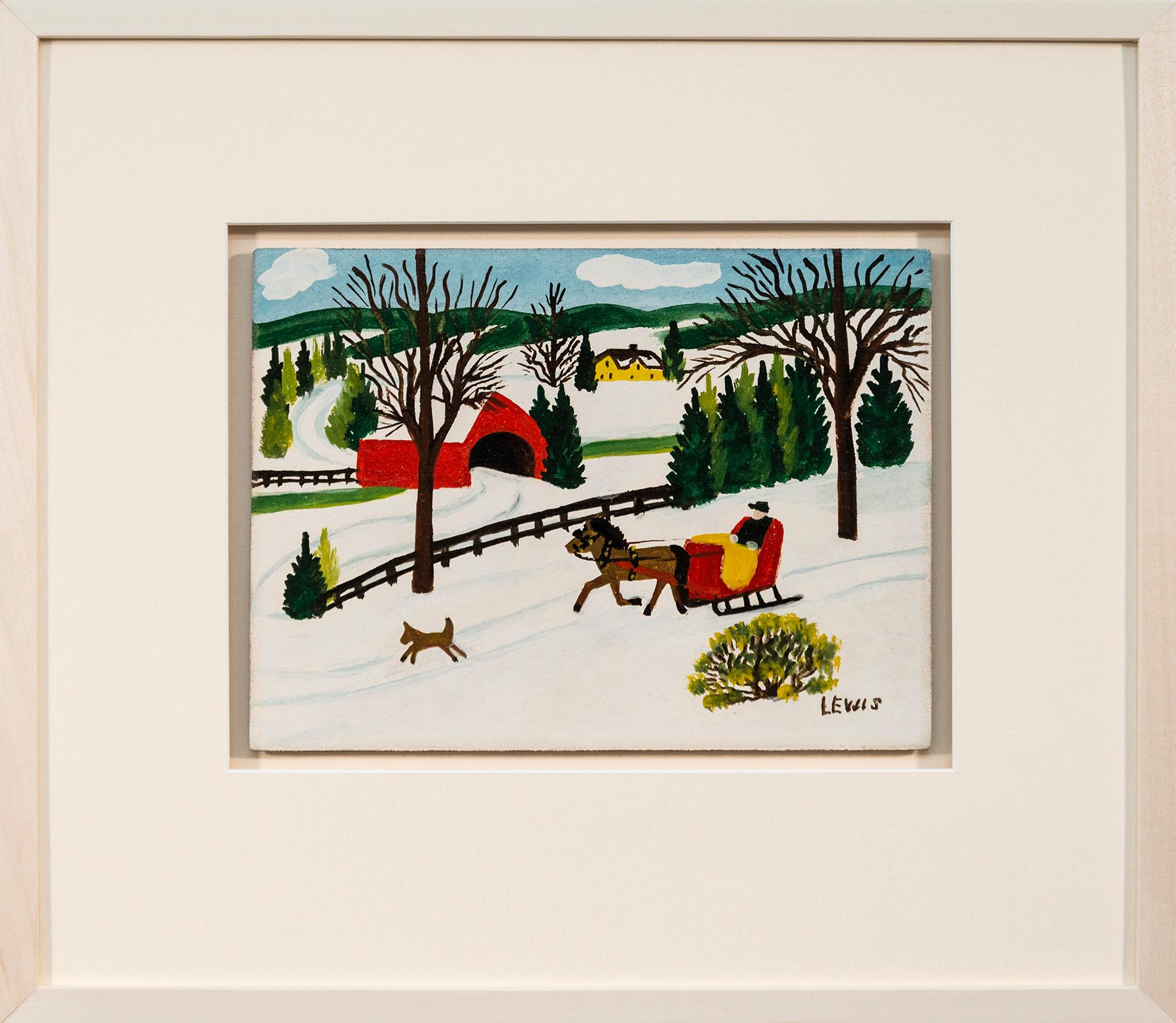 Sleigh in Winter with Dog - figurative, outsider art, oil on beaverboard