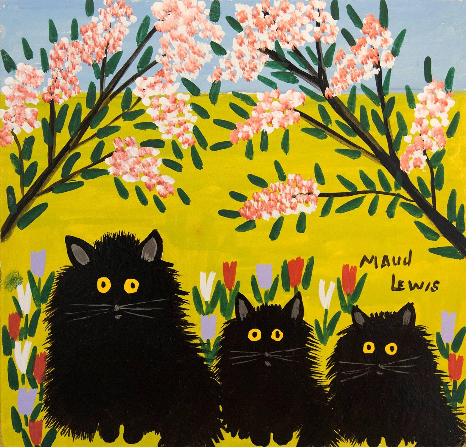 Maud Lewis Animal Painting - Three Black Cats