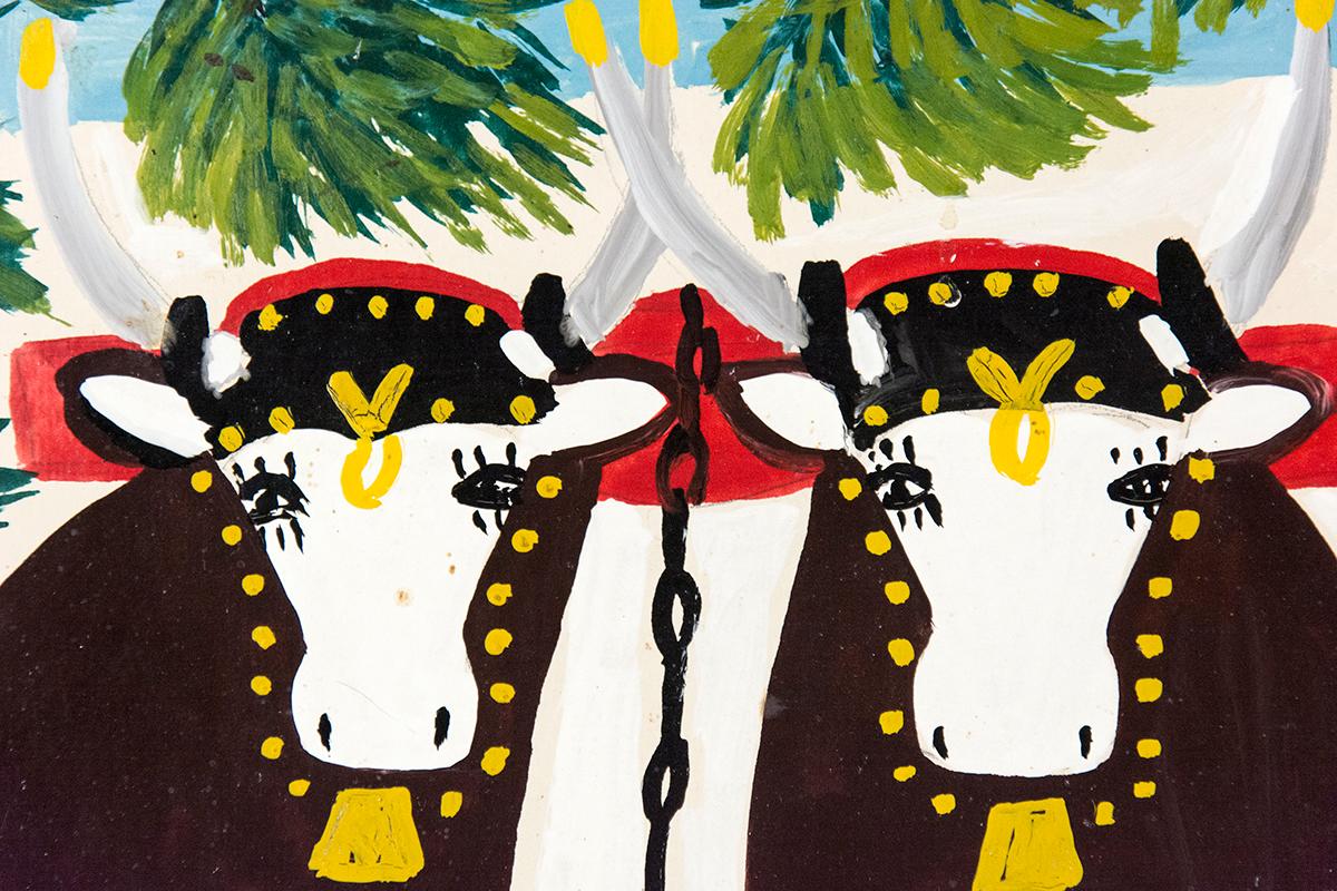 Two Oxen in Winter With Three Legs - Folk Art Painting by Maud Lewis