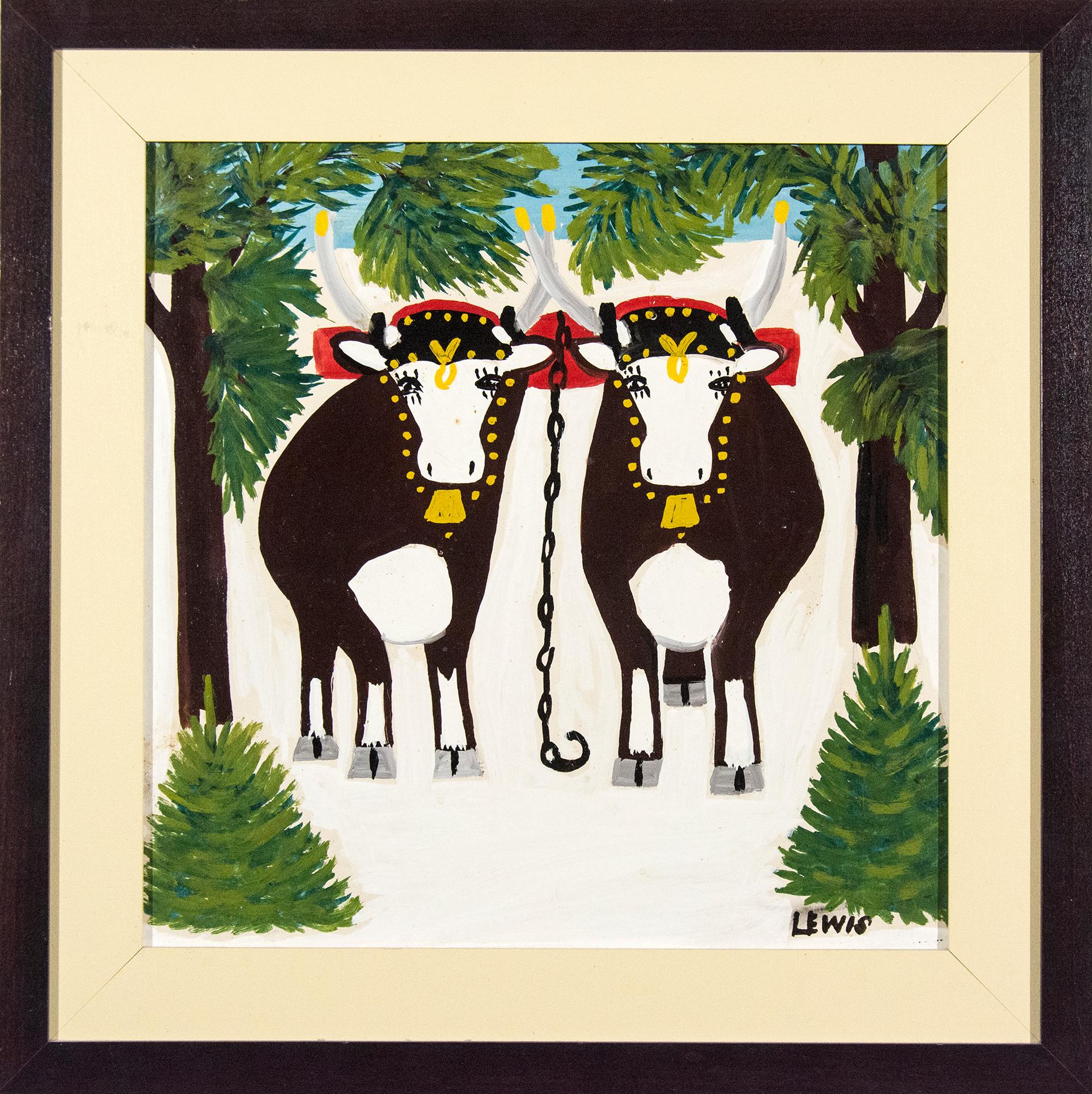Maud Lewis Animal Painting - Two Oxen in Winter With Three Legs