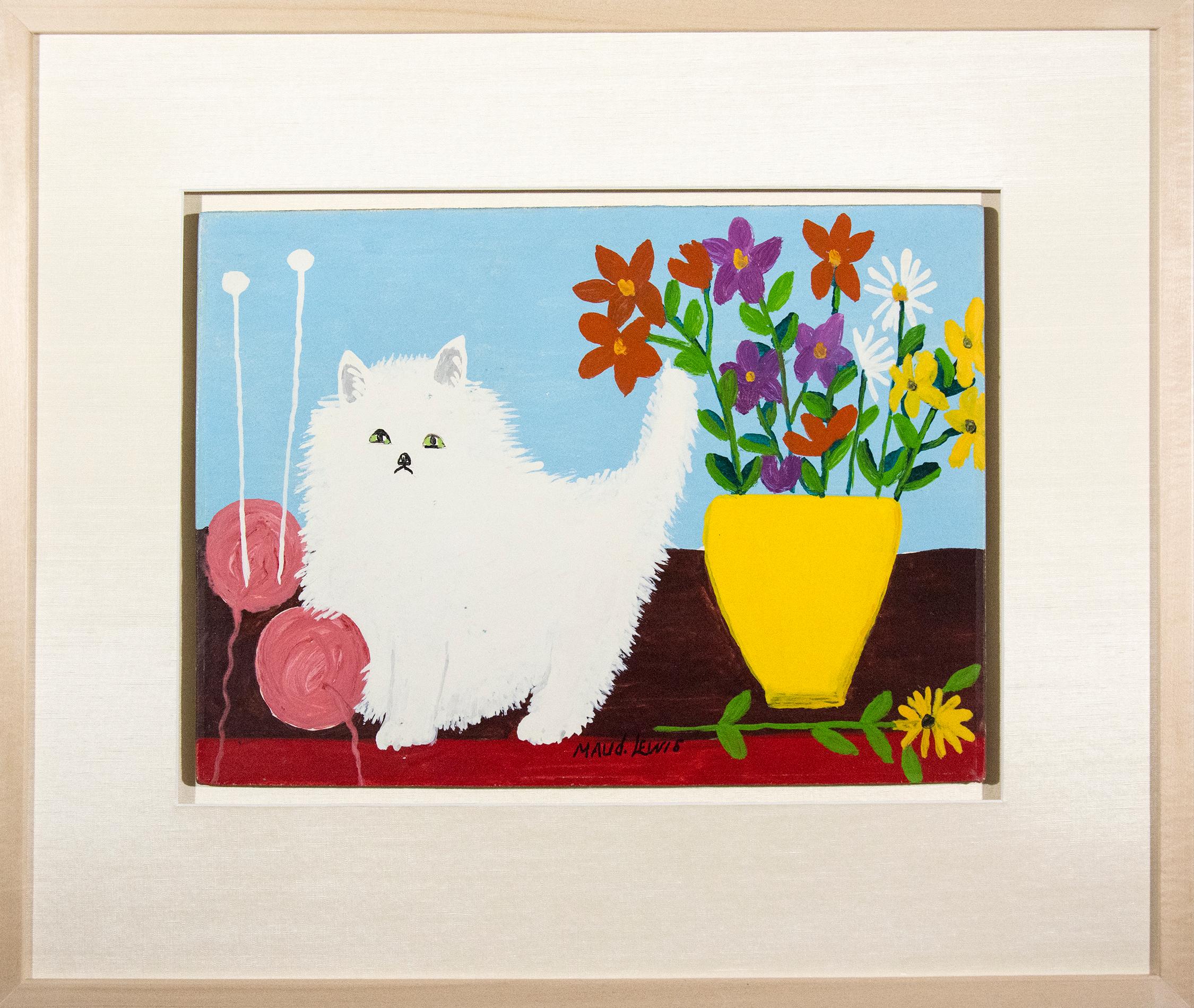 White Cat With Flowers and Yarn - Painting by Maud Lewis