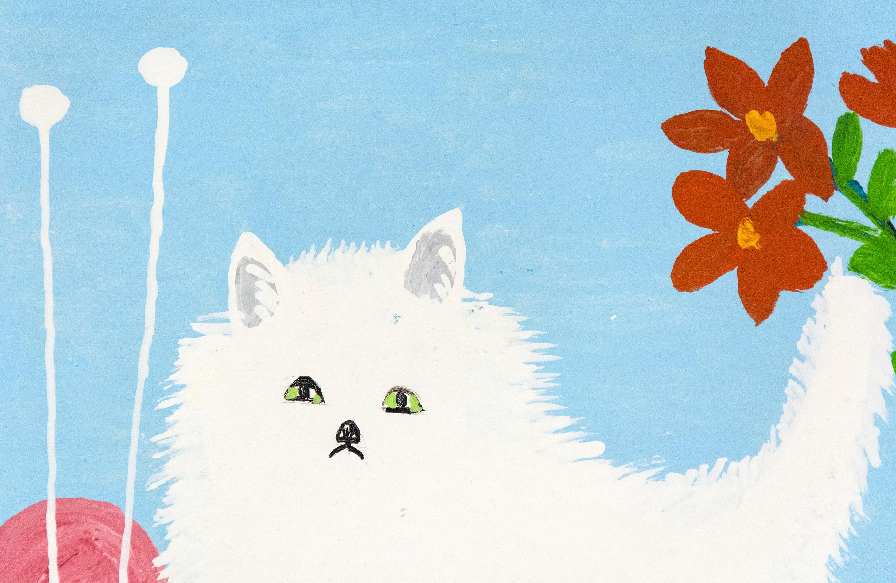 White Cat With Flowers and Yarn - Gray Animal Painting by Maud Lewis