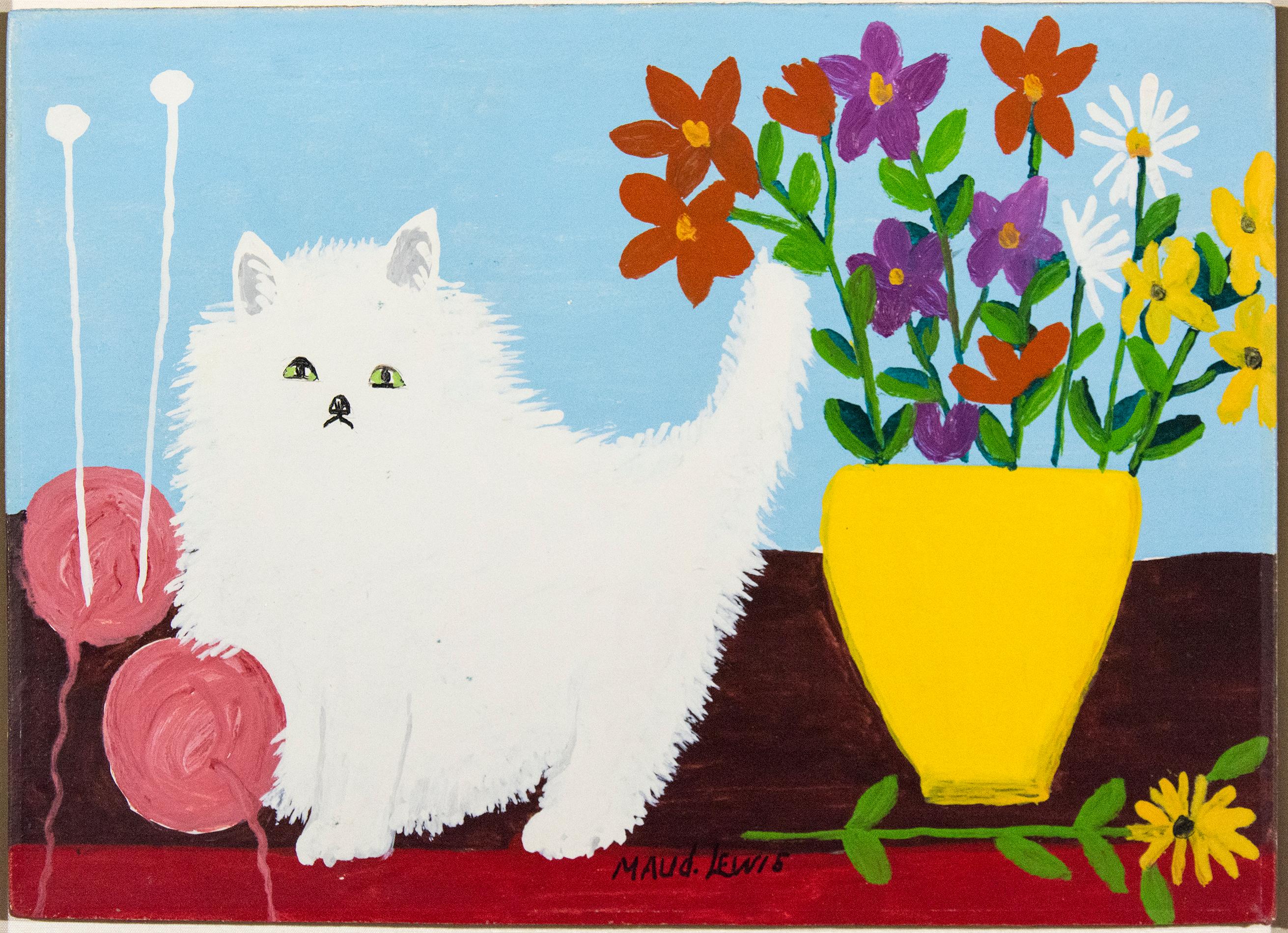 Maud Lewis Animal Painting - White Cat With Flowers and Yarn