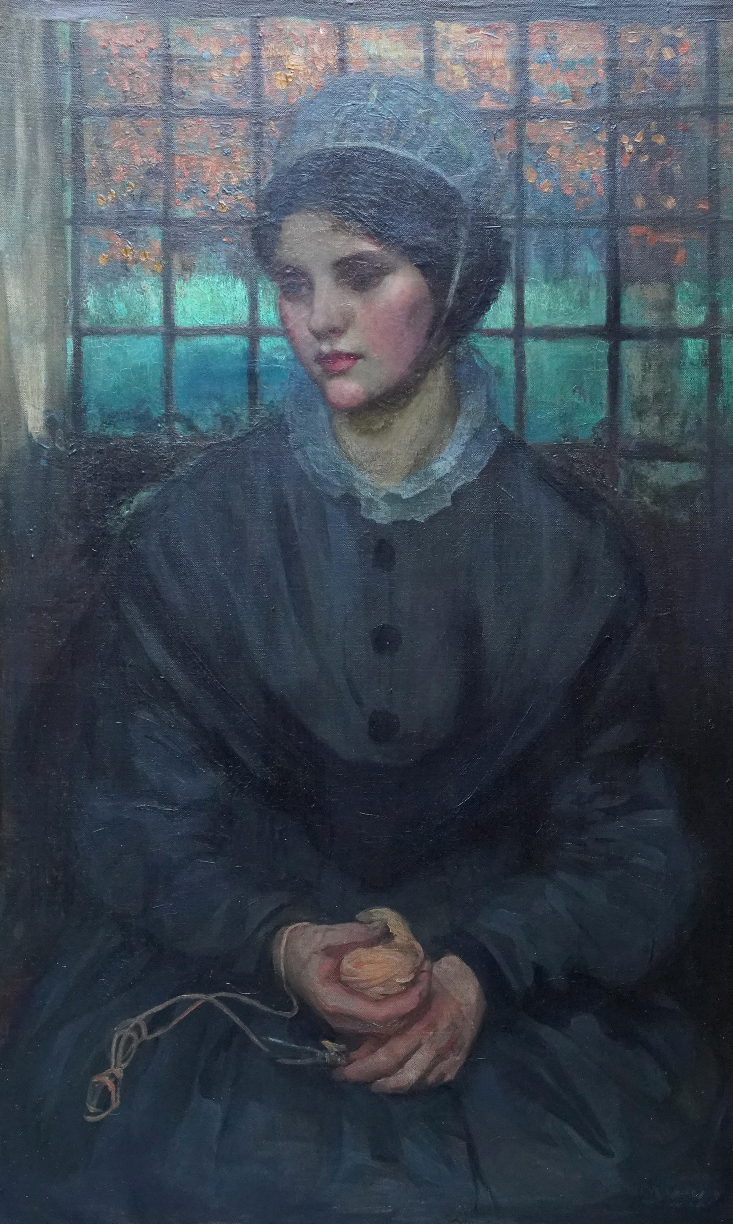 Portrait of a Girl Holding Wool - British Edwardian female portrait oil painting For Sale 7