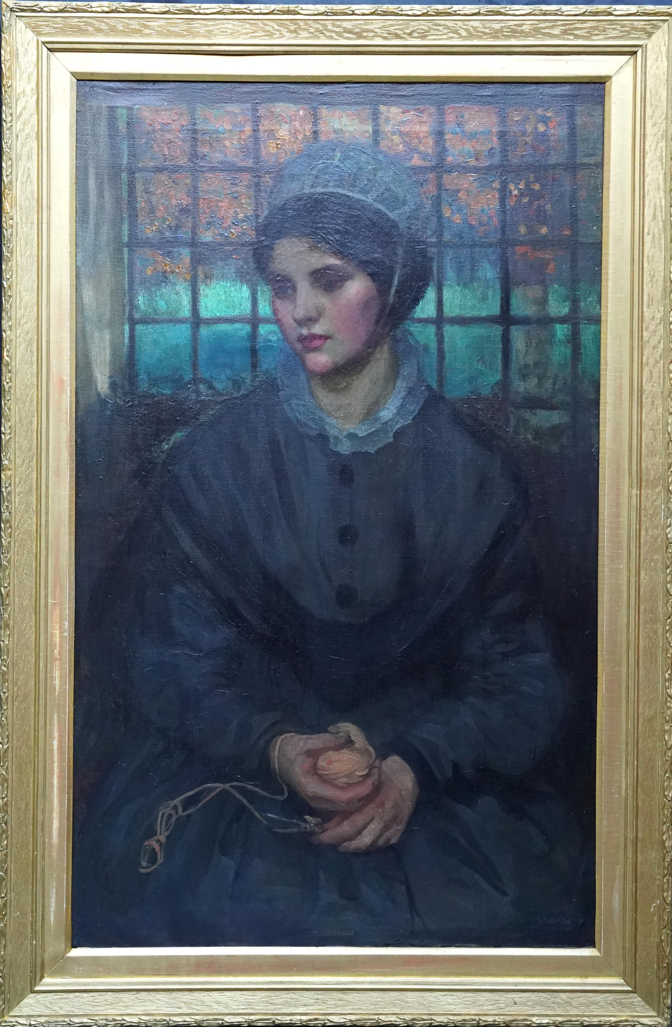Portrait of a Girl Holding Wool - British Edwardian female portrait oil painting For Sale 8
