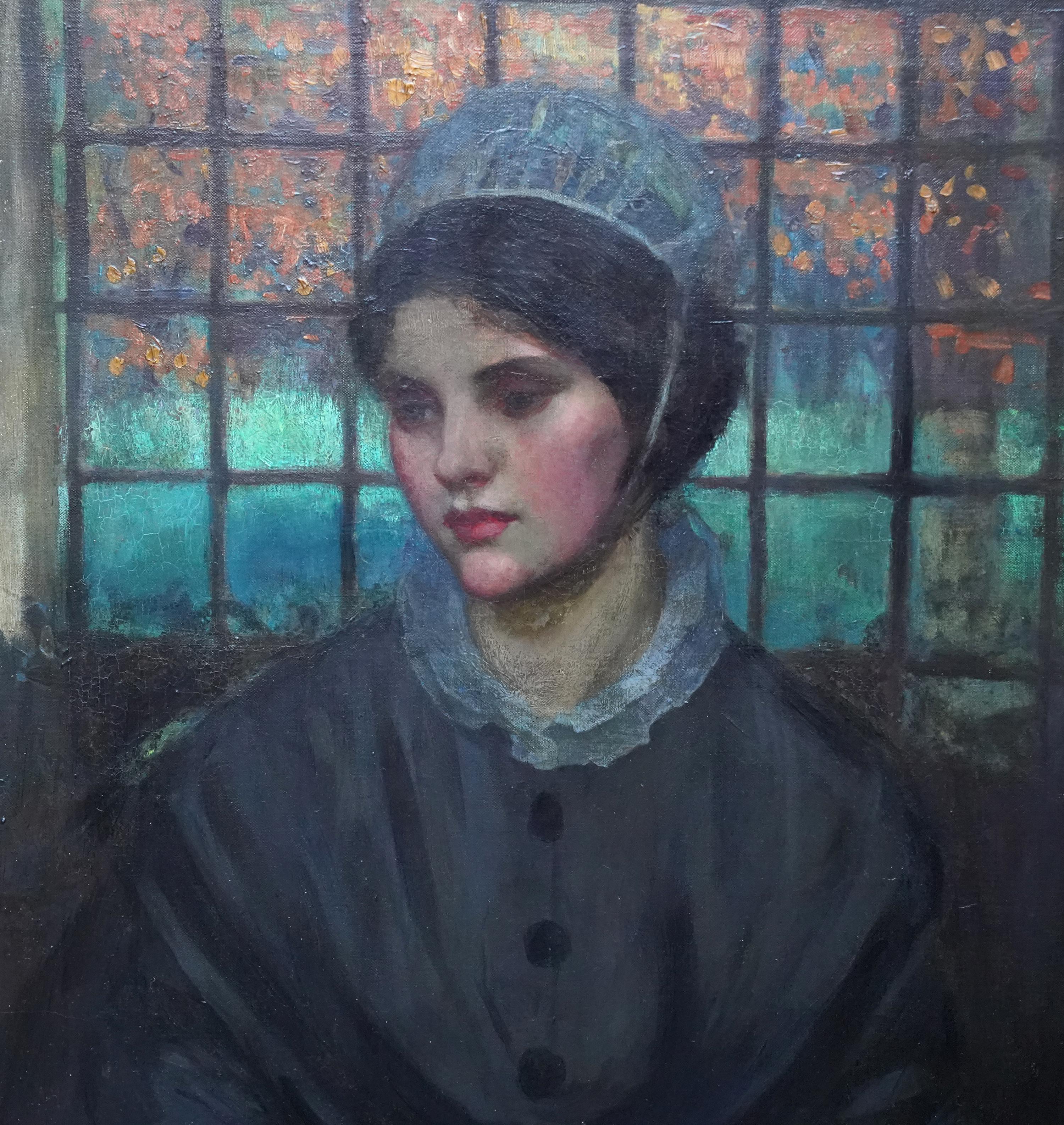 This beautiful British Edwardian portrait oil painting is by noted and much exhibited female artist Maud Marion Wear. Wear trained at the Royal Academy Schools in London for five years and then went on to combine teaching art and exhibiting for over