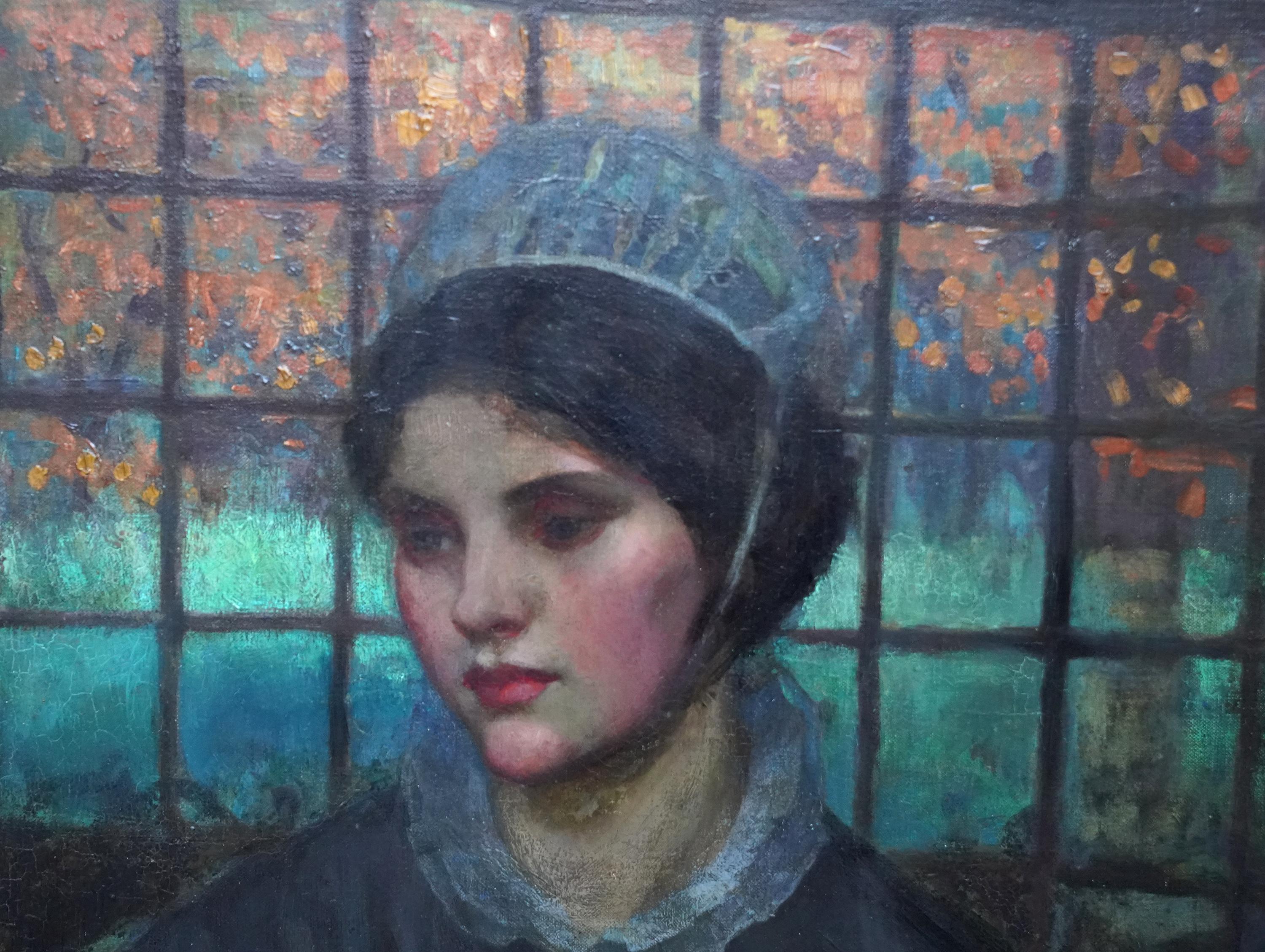 Portrait of a Girl Holding Wool - British Edwardian female portrait oil painting For Sale 1