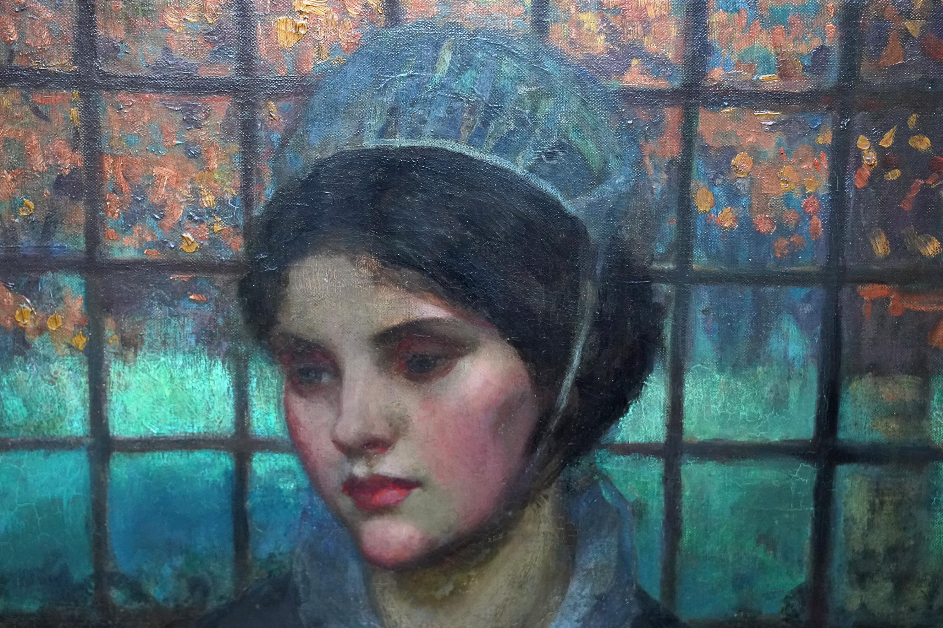 Portrait of a Girl Holding Wool - British Edwardian female portrait oil painting For Sale 2