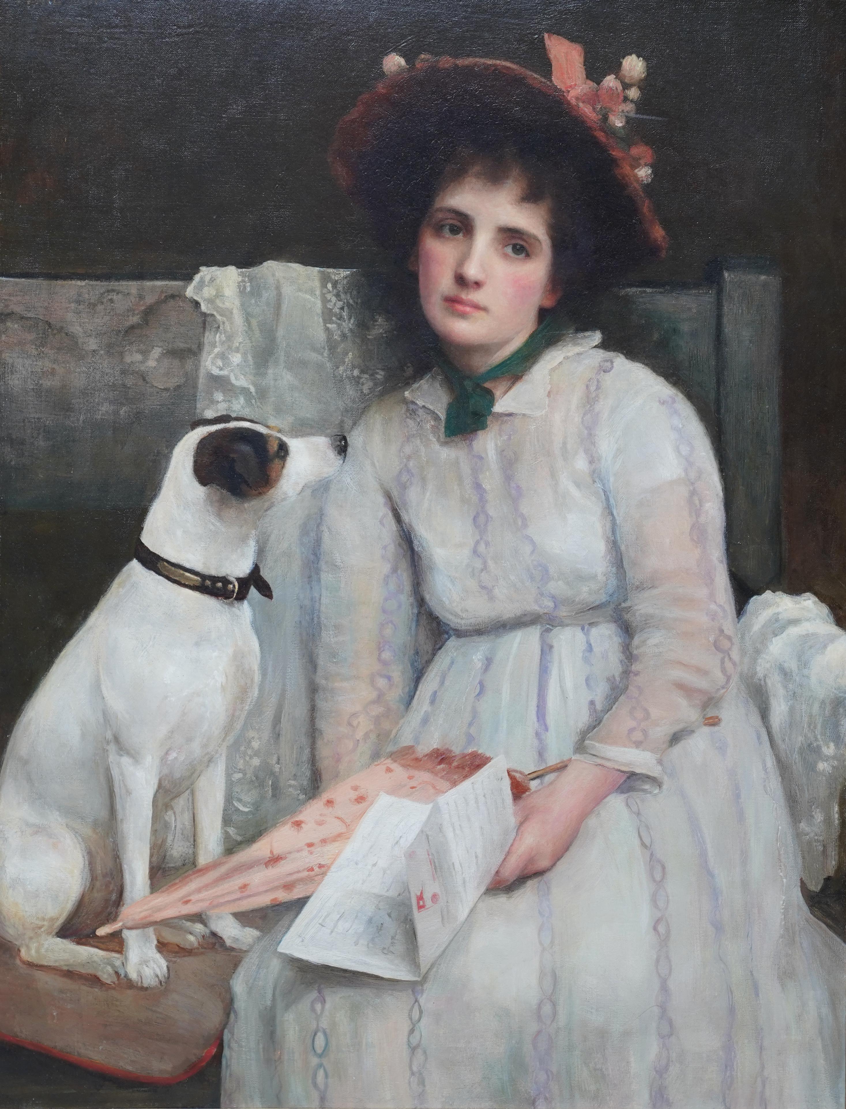 Portrait d'une femme et d'un chien - Peinture à l'huile d'un portrait d'animal de style victorien britannique - Painting de Maud Porter