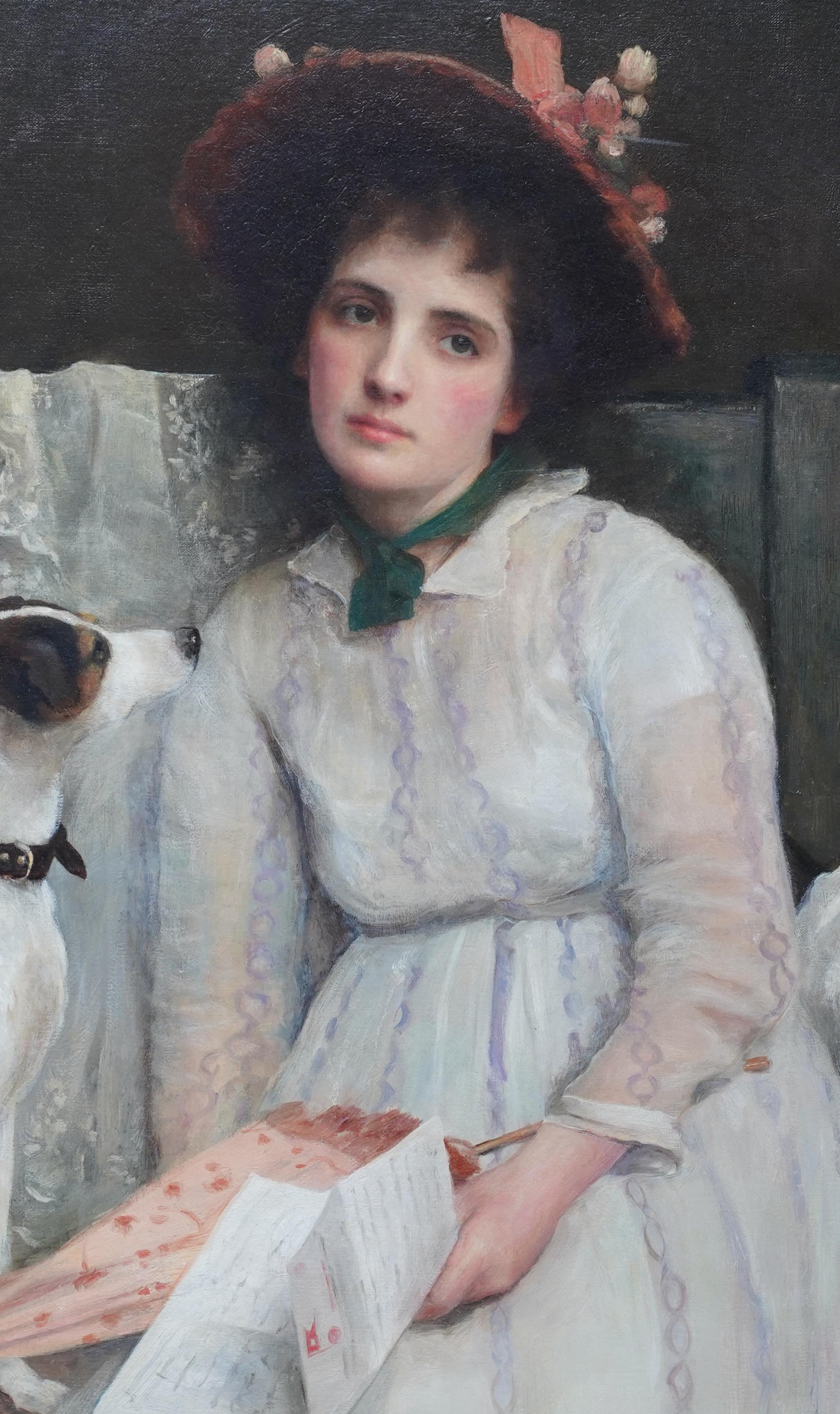 Portrait d'une femme et d'un chien - Peinture à l'huile d'un portrait d'animal de style victorien britannique - Victorien Painting par Maud Porter