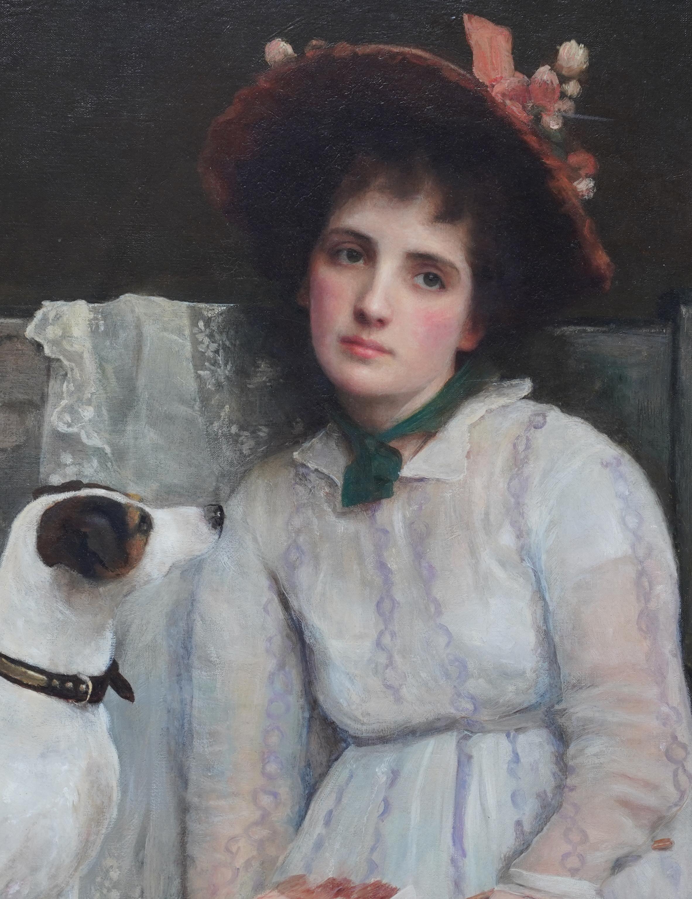 Ce superbe portrait à l'huile britannique de l'époque victorienne est l'œuvre de l'artiste féminine Maud Porter, très remarquée et exposée. Peint vers 1890, il s'agit d'un portrait assis d'une jeune femme et de son chien terrier. Ils sont tous deux