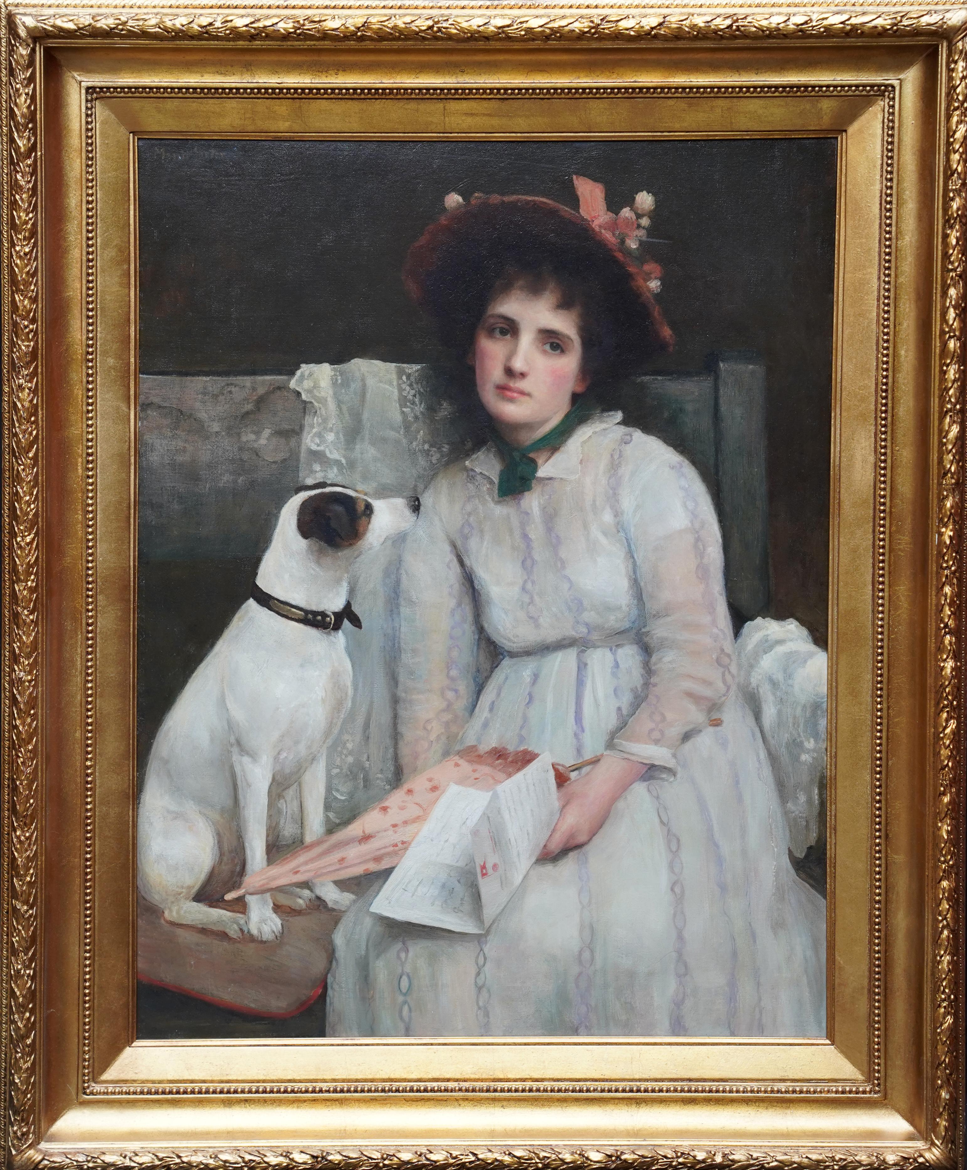 Animal Painting Maud Porter - Portrait d'une femme et d'un chien - Peinture à l'huile d'un portrait d'animal de style victorien britannique