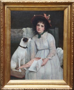 Antique Portrait of a Lady and Dog - British Victorian animal art portrait oil painting