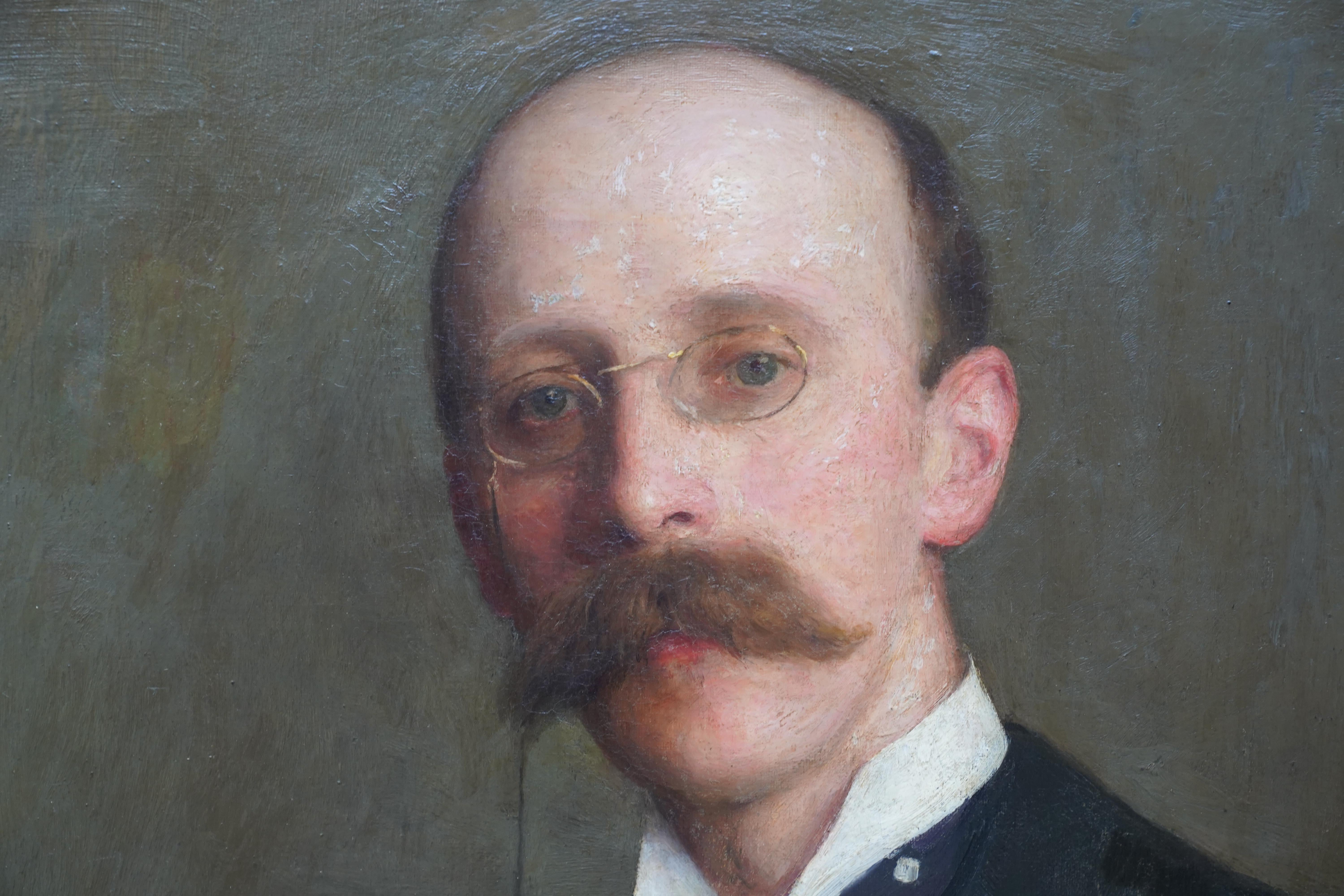 Retrato de G W Barber JP - Pintura al óleo de arte victoriano británico expuesto - Portrait Painting Negro de Maud Porter