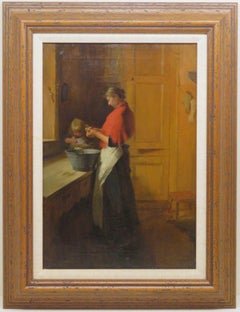 Original English 19th Century Genre Oil Painting KITCHEN INTERIOR PORTRAIT