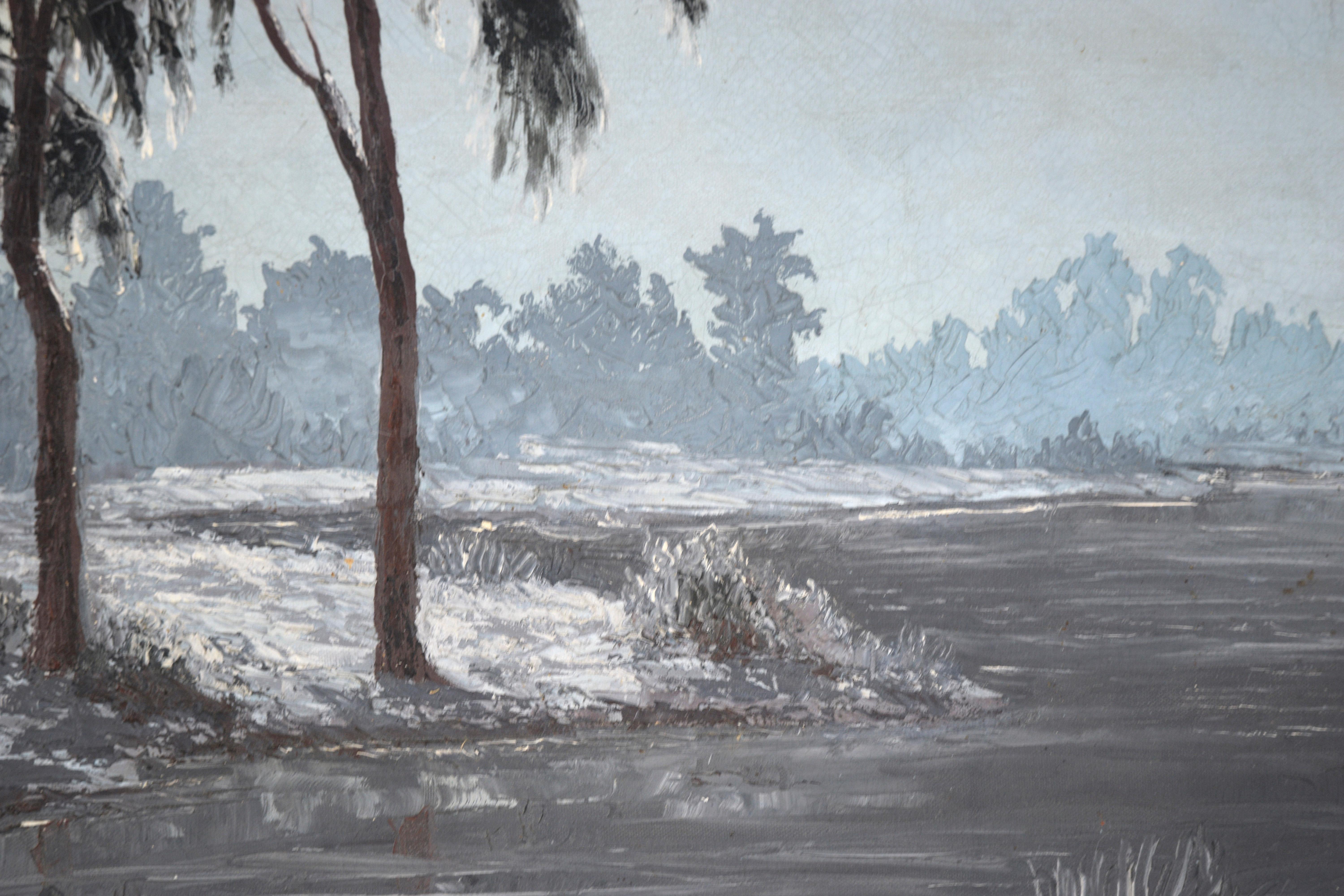 Paisaje monocromo del valle del río - Landscape Painting Gris de Maud Swigert