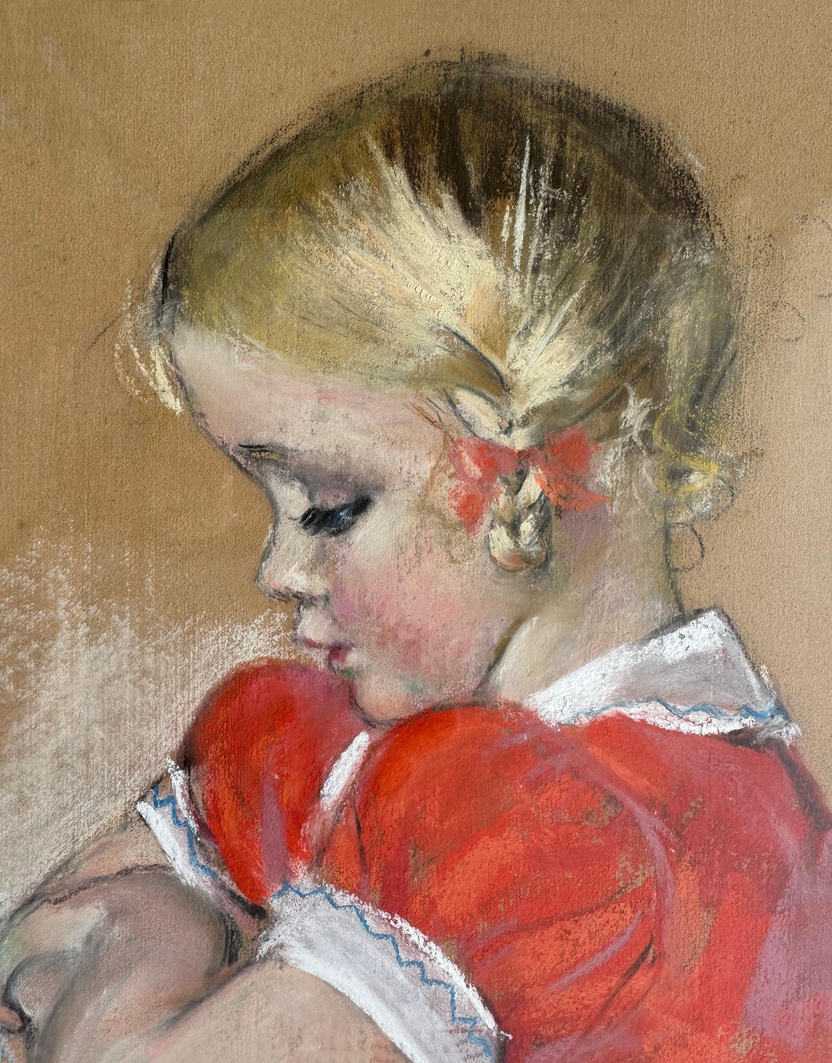 Blondes Kind  im roten Kleid von Schneewittchen bis Elf -  Fairy Tale – Painting von Maud Tousey Fangel