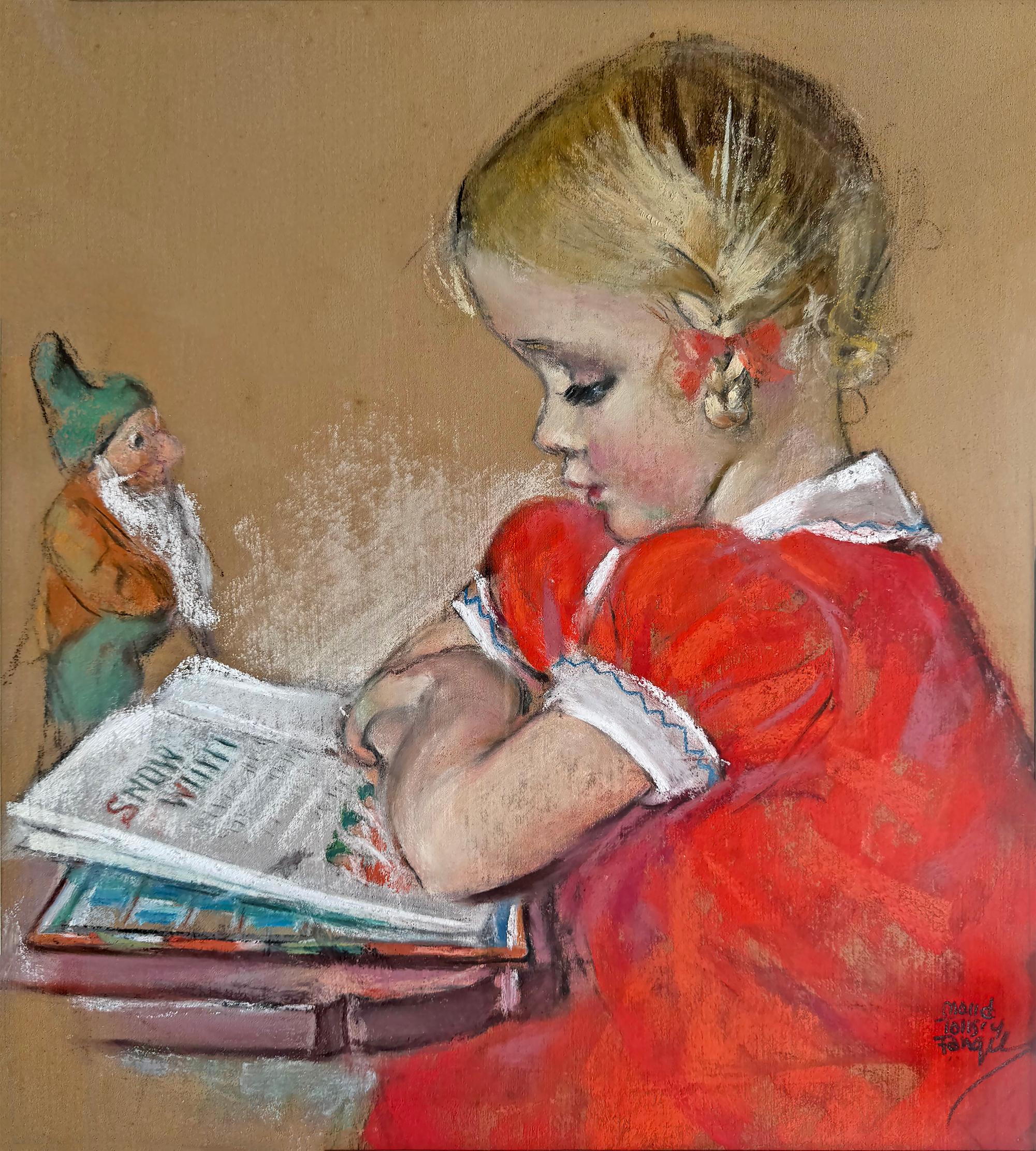 Maud Tousey Fangel Portrait Painting – Blondes Kind  im roten Kleid von Schneewittchen bis Elf -  Fairy Tale