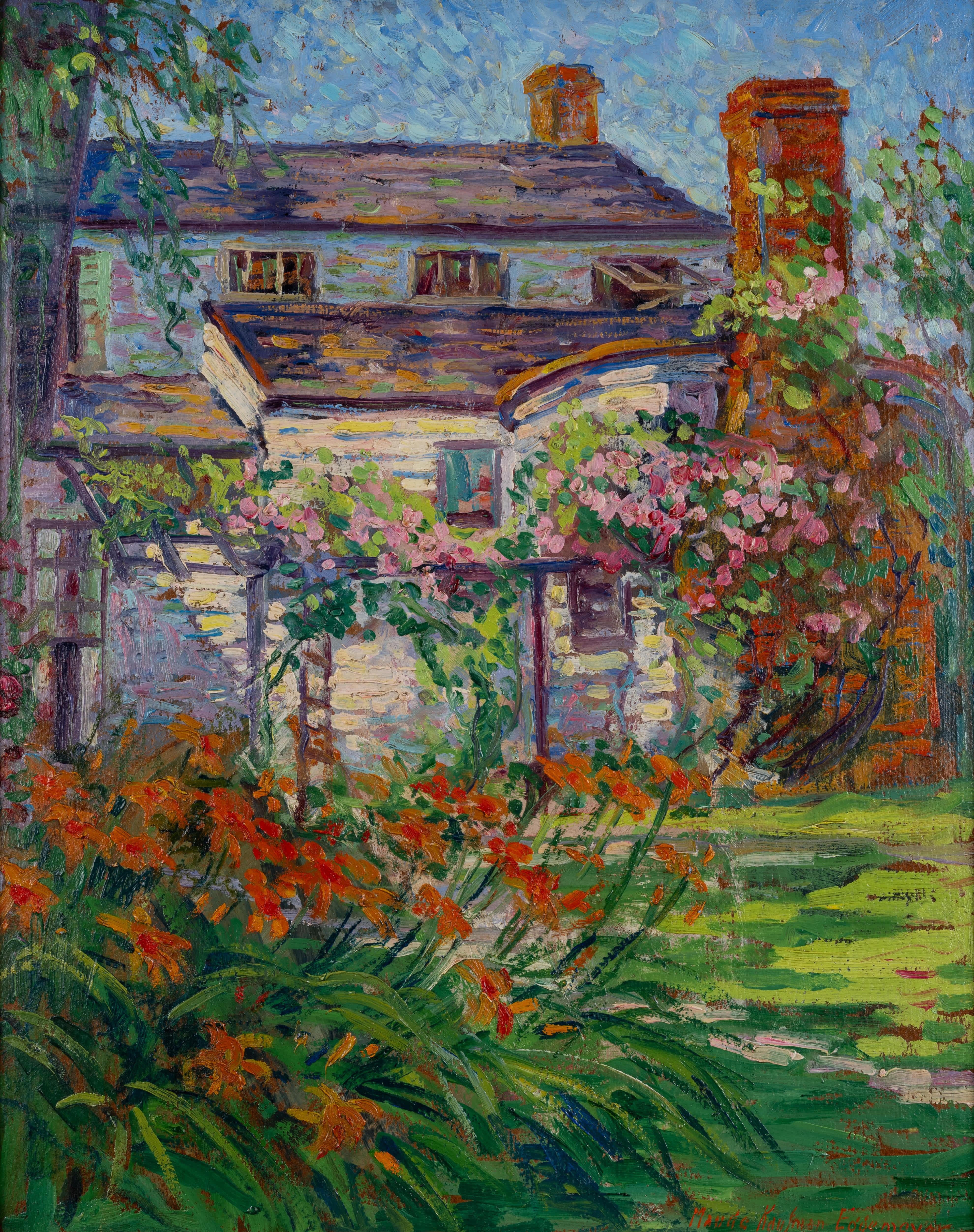 Haus mit Blumengarten – Painting von Maude Kaufman Eggemeyer
