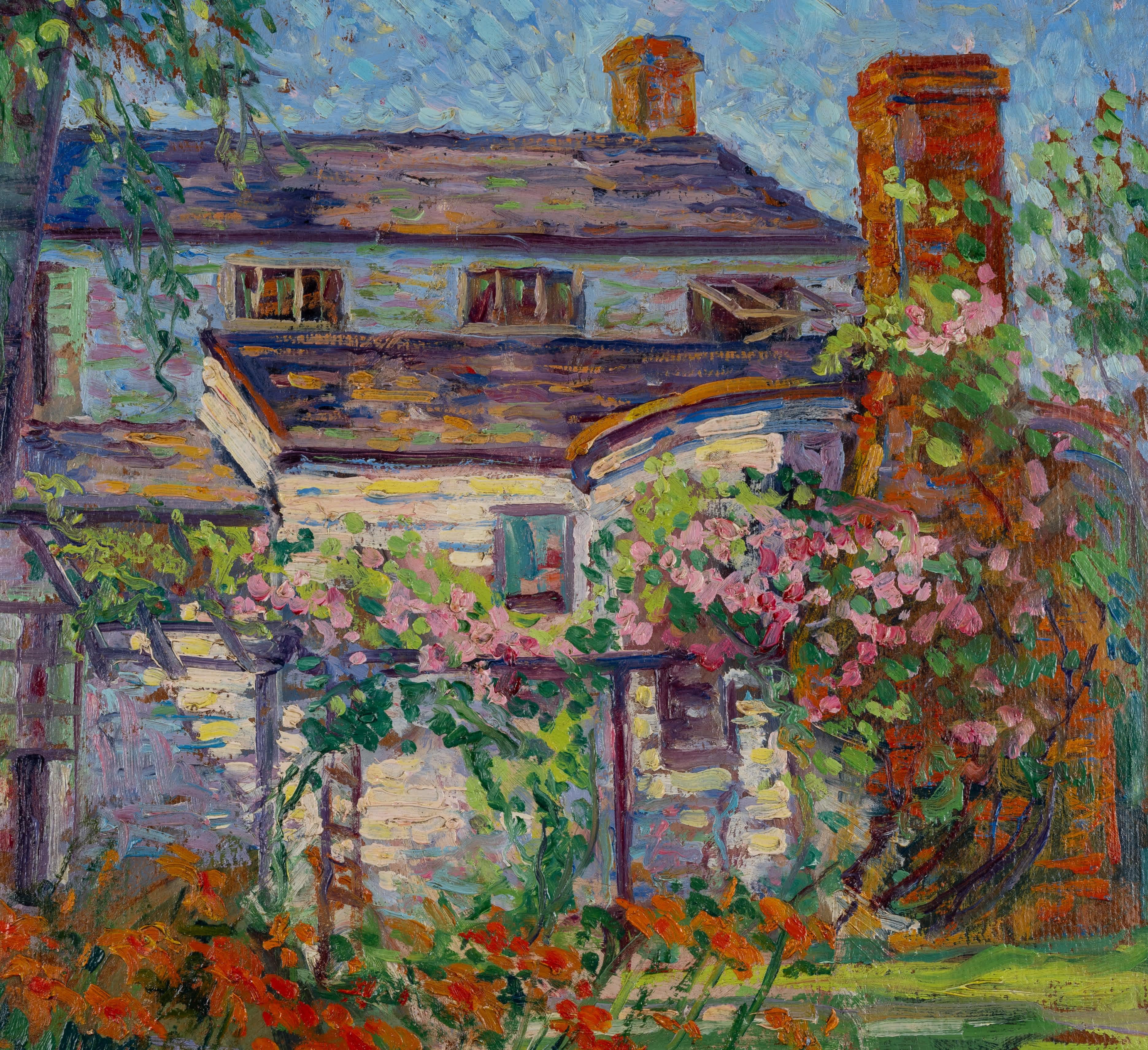 Haus mit Blumengarten (Impressionismus), Painting, von Maude Kaufman Eggemeyer
