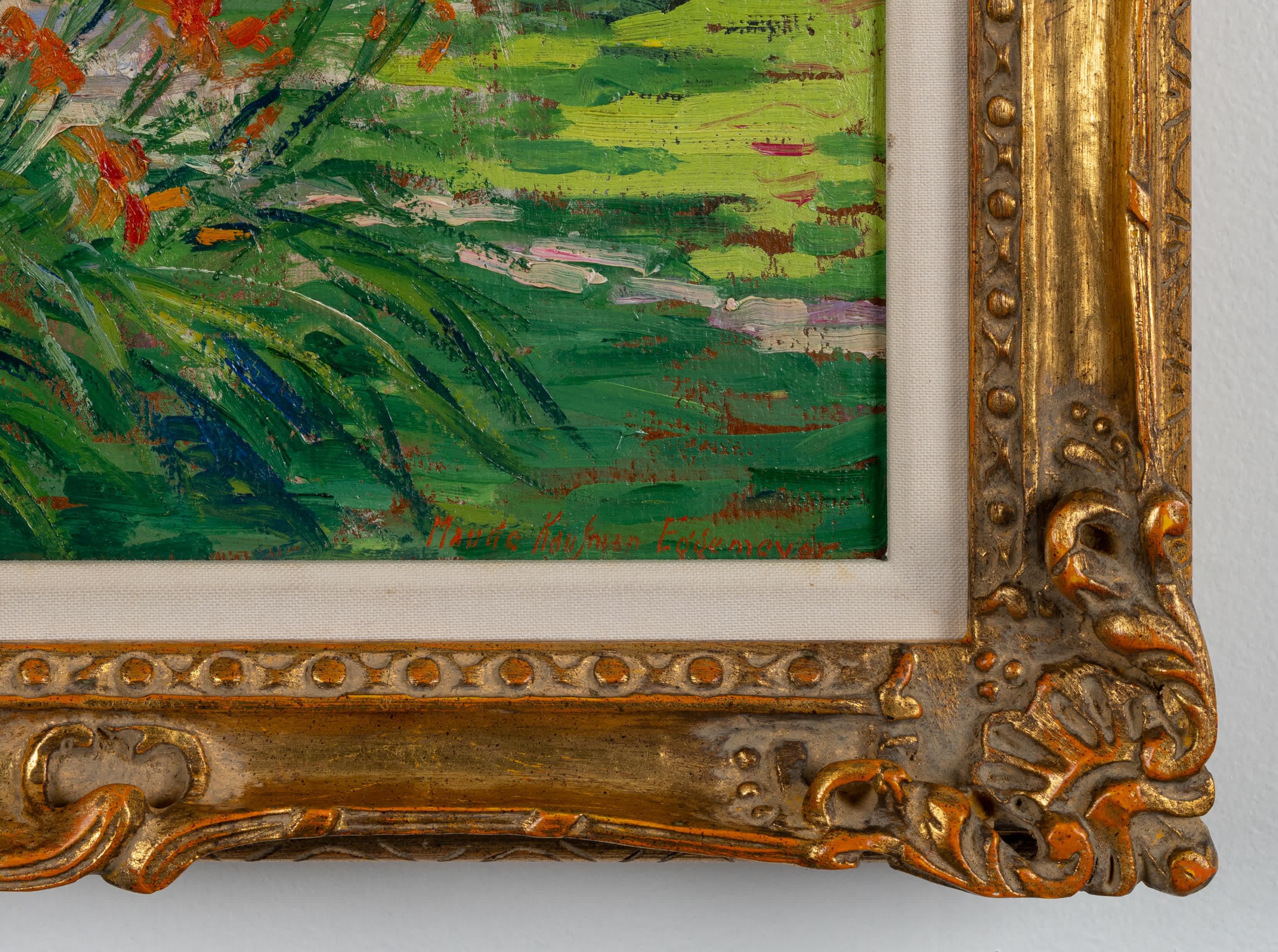 Haus mit Blumengarten (Braun), Landscape Painting, von Maude Kaufman Eggemeyer