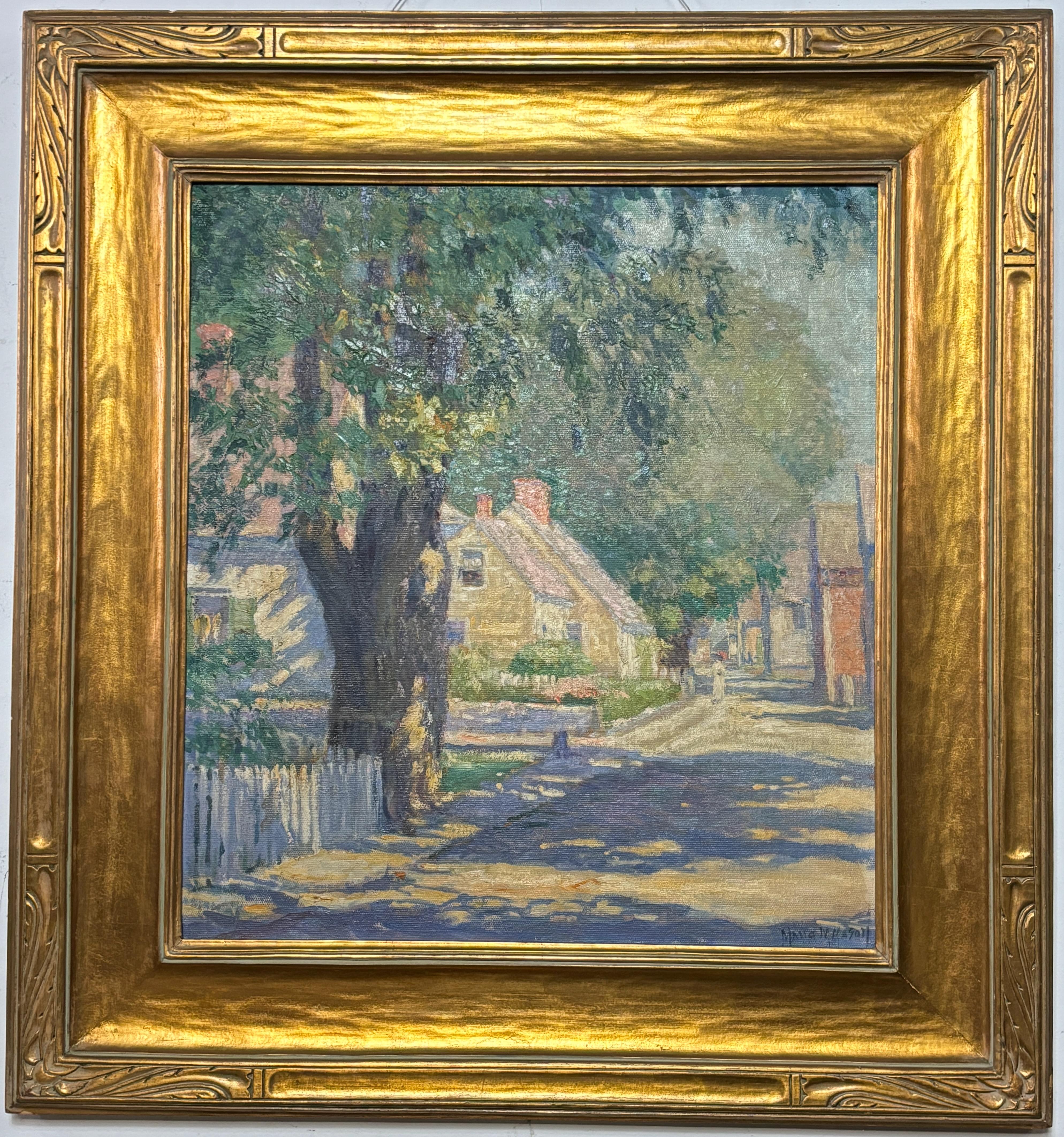 Maude M Mason Óleo sobre lienzo Pintura Escena de pueblo de Nueva Inglaterra siglo XX en venta